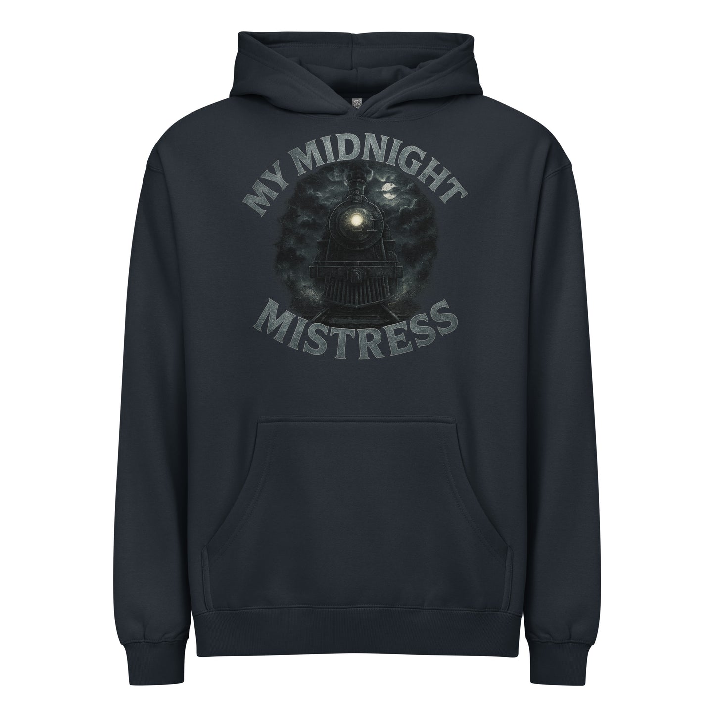 navy men’s box hoodie with “My Midnight Mistress” text and a steam locomotive graphic under a moonlit night sky.