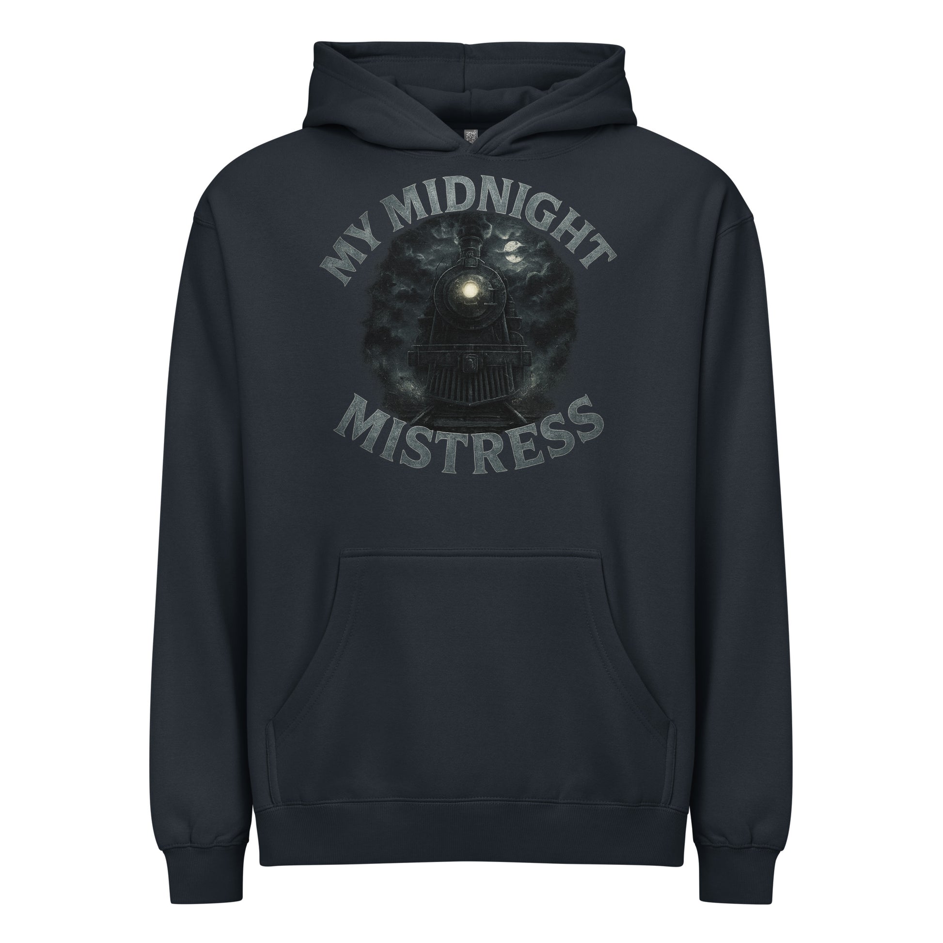 navy men’s box hoodie with “My Midnight Mistress” text and a steam locomotive graphic under a moonlit night sky.