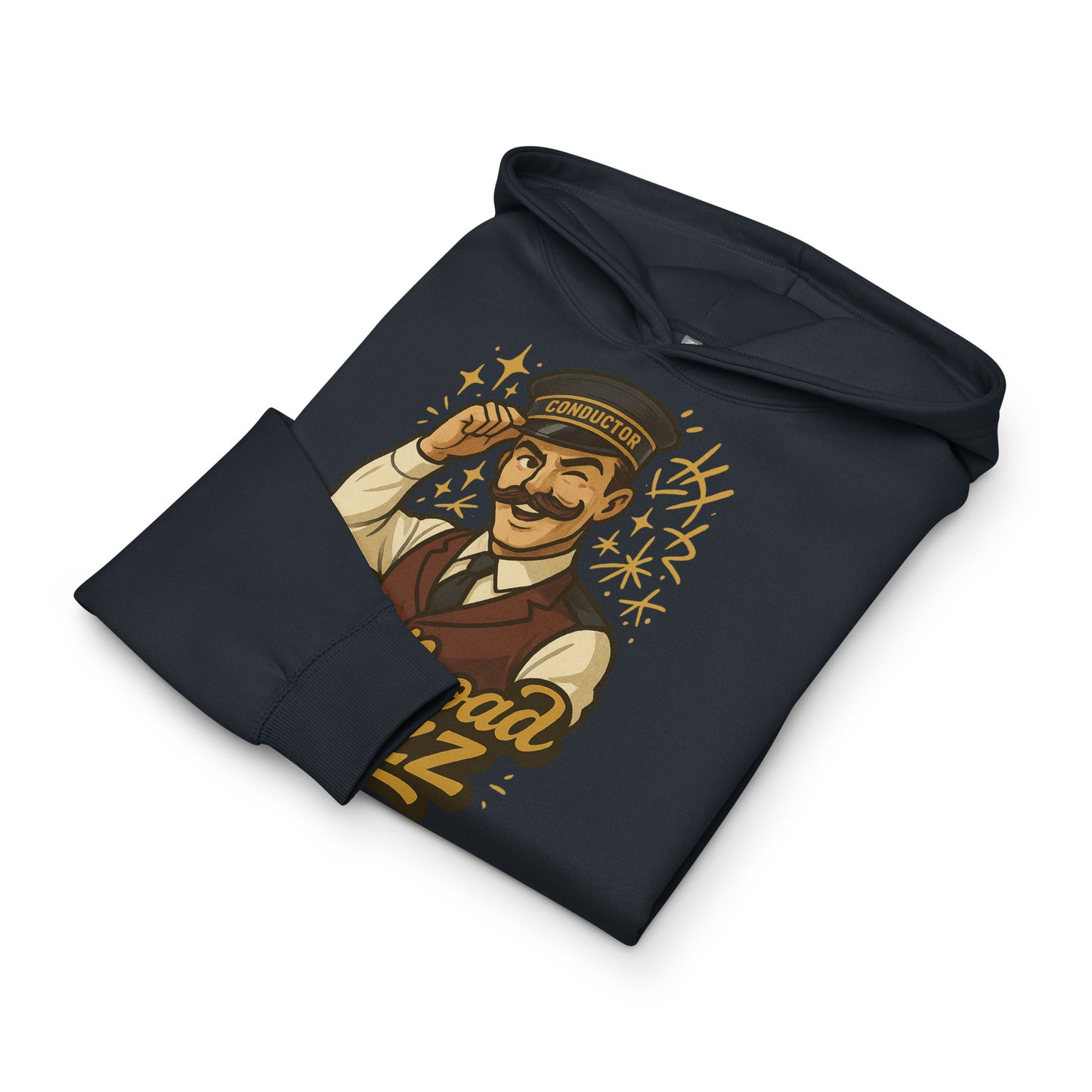 Black hoodie with a graphic design on a white background