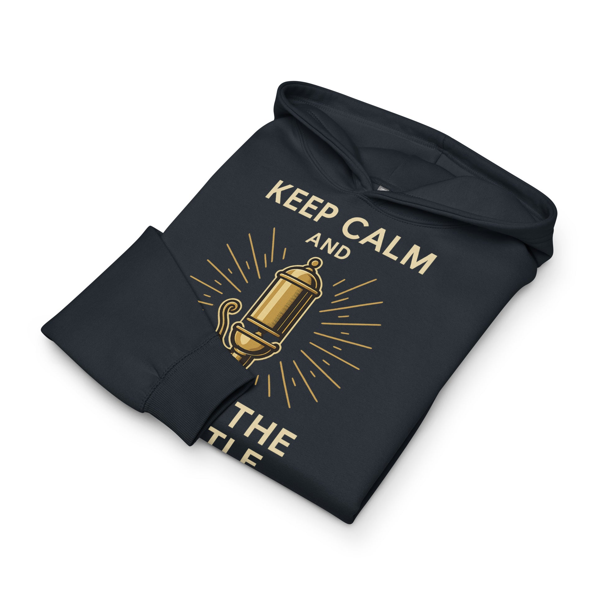 Black hoodie with gold graphic and text 'Keep Calm and Carry On' on a white background