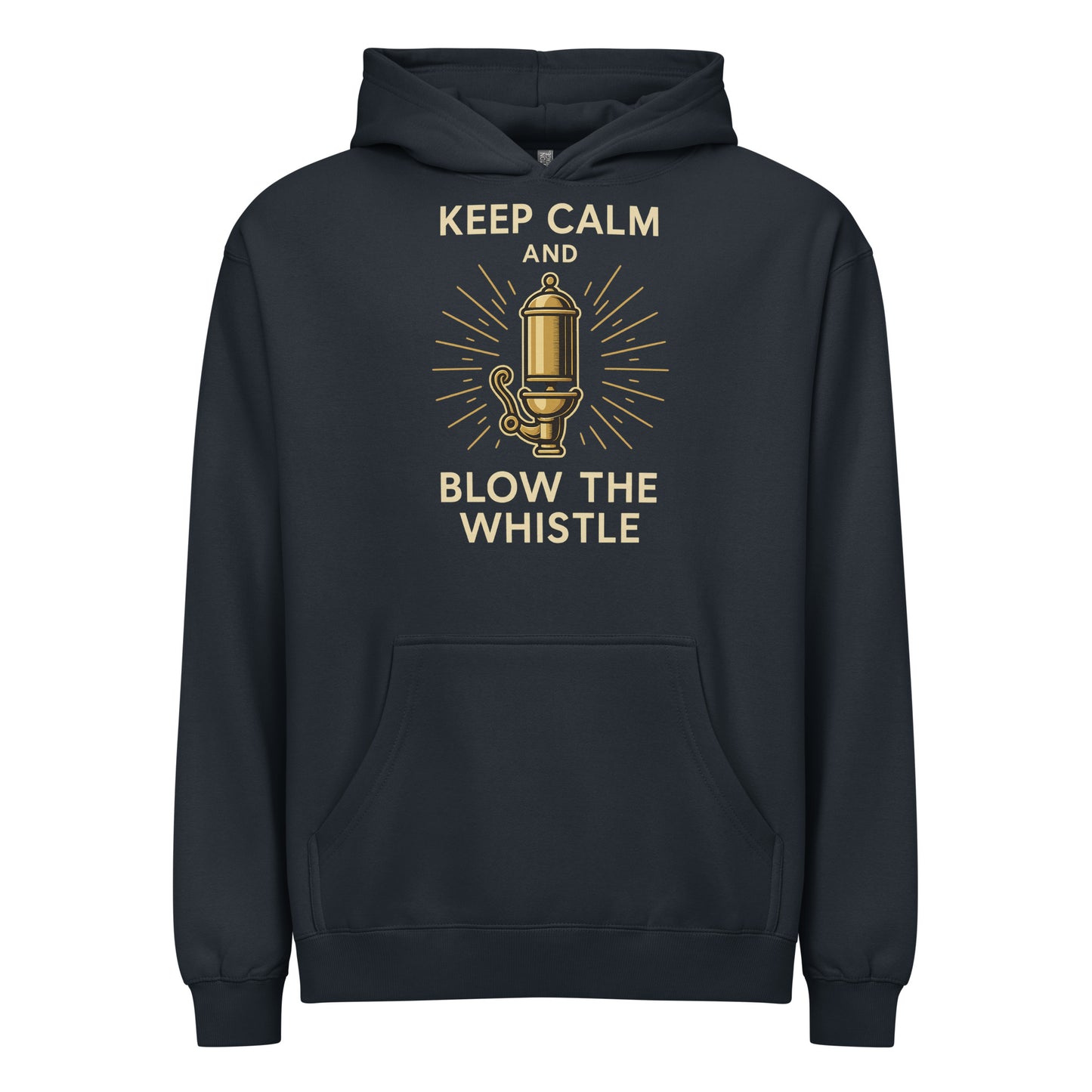 navy hoodie with gold graphic and text 'Keep Calm and Blow the Whistle' on a white background