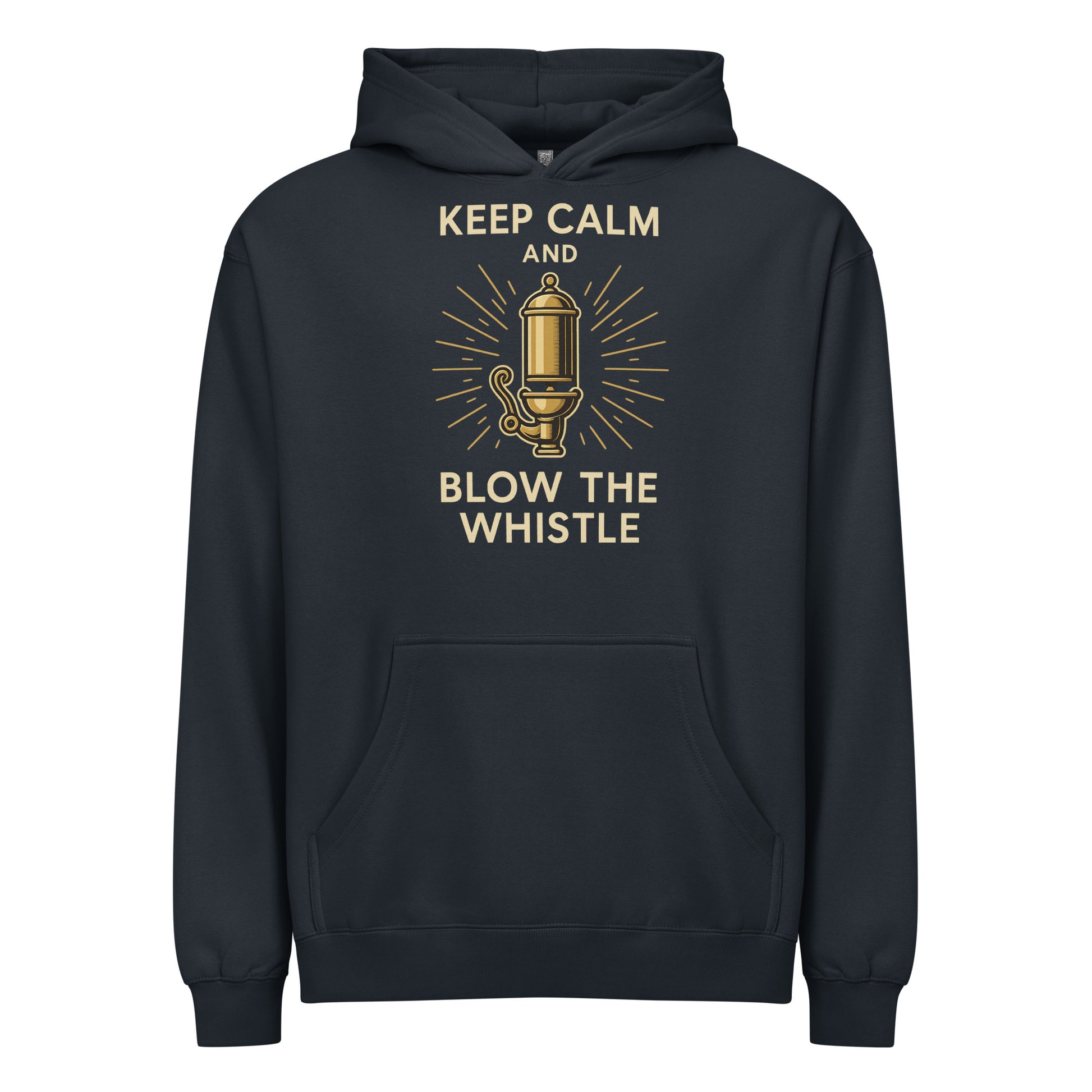navy hoodie with gold graphic and text 'Keep Calm and Blow the Whistle' on a white background