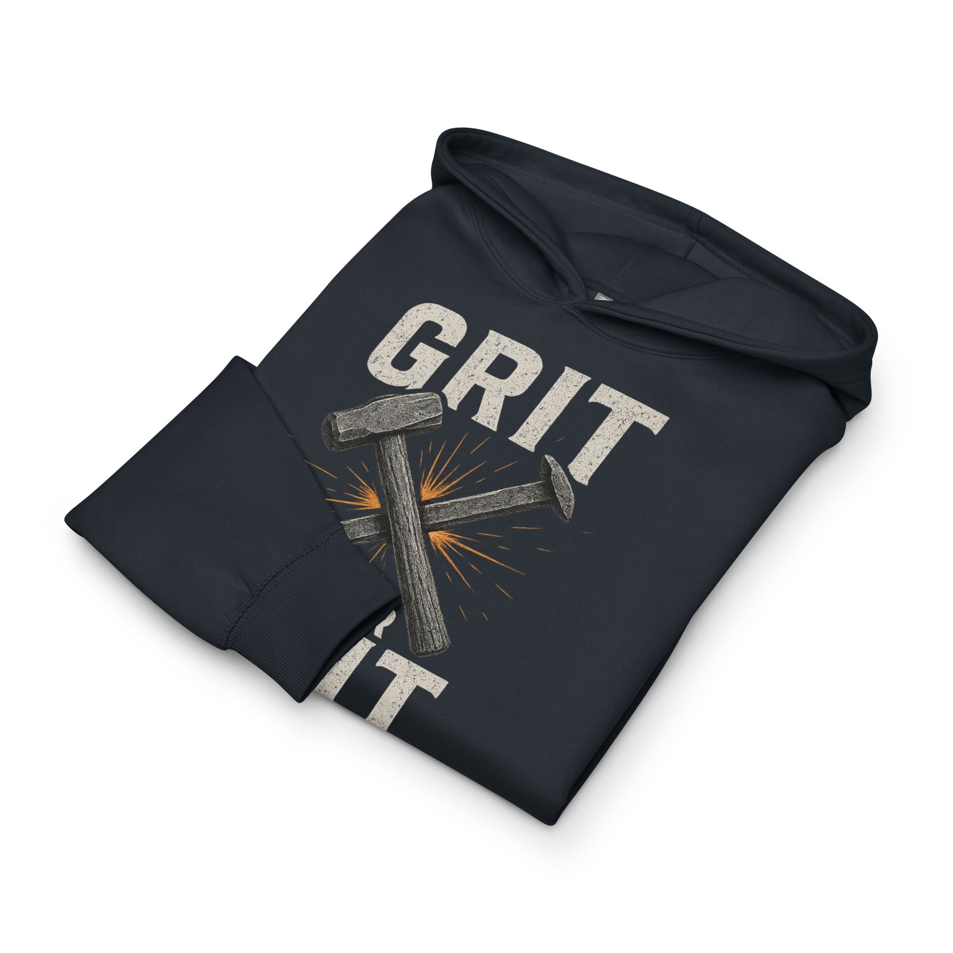 navy hoodie with 'GRIT' and nail graphic on a white background