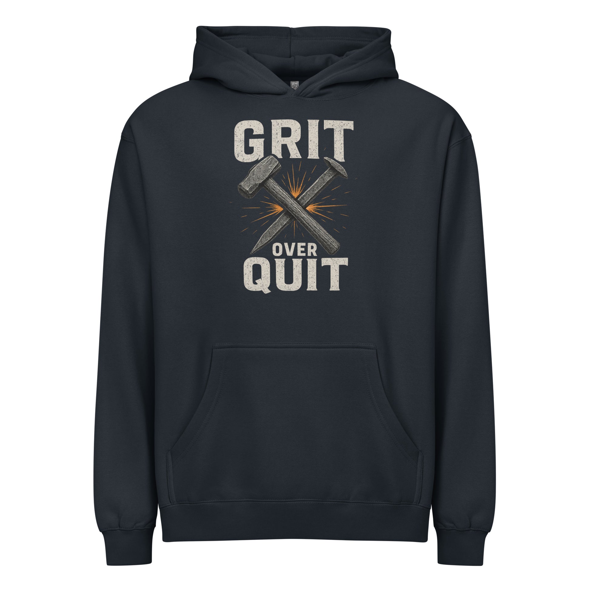 Navy hoodie with 'GRIT OVER QUIT' text and crossed hammers design on a white background