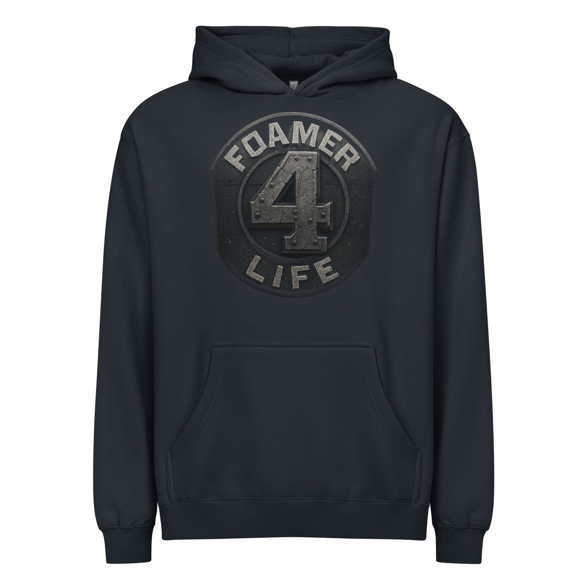 Navy hoodie with 'Foamer 4 Life' graphic on a white background