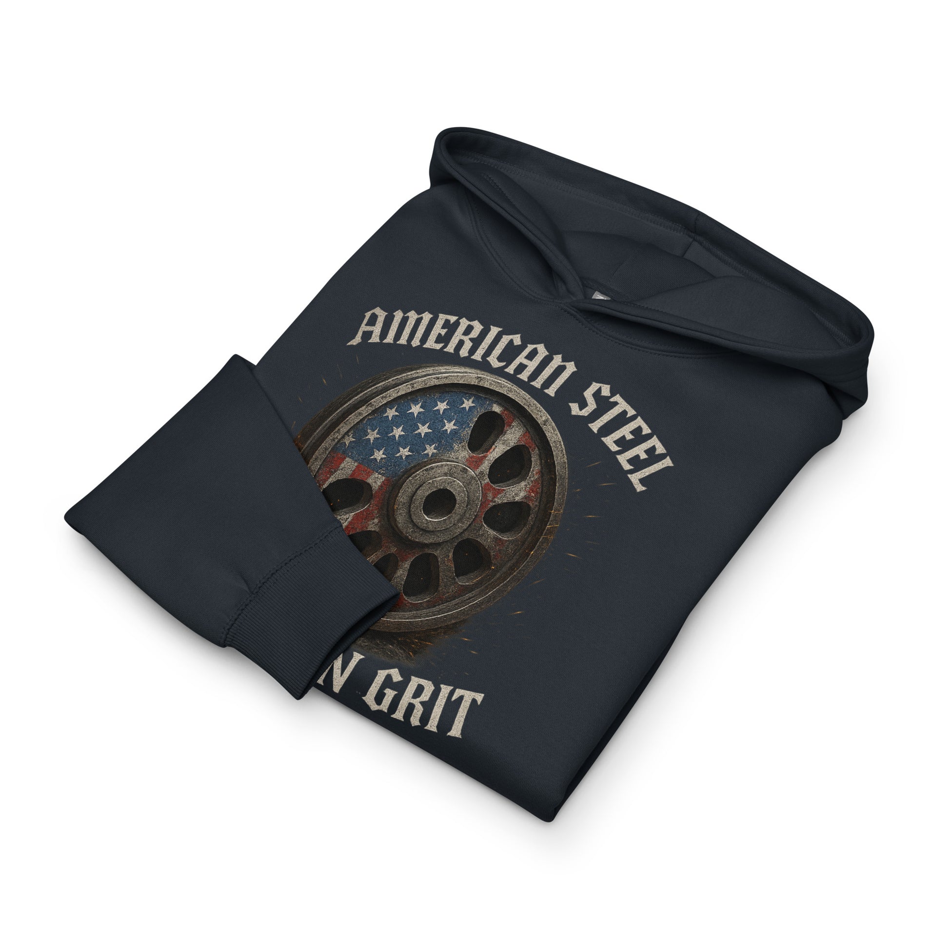 Navy hoodie with 'American Steel' and 'Man Grit' text and wheel graphic on a white background