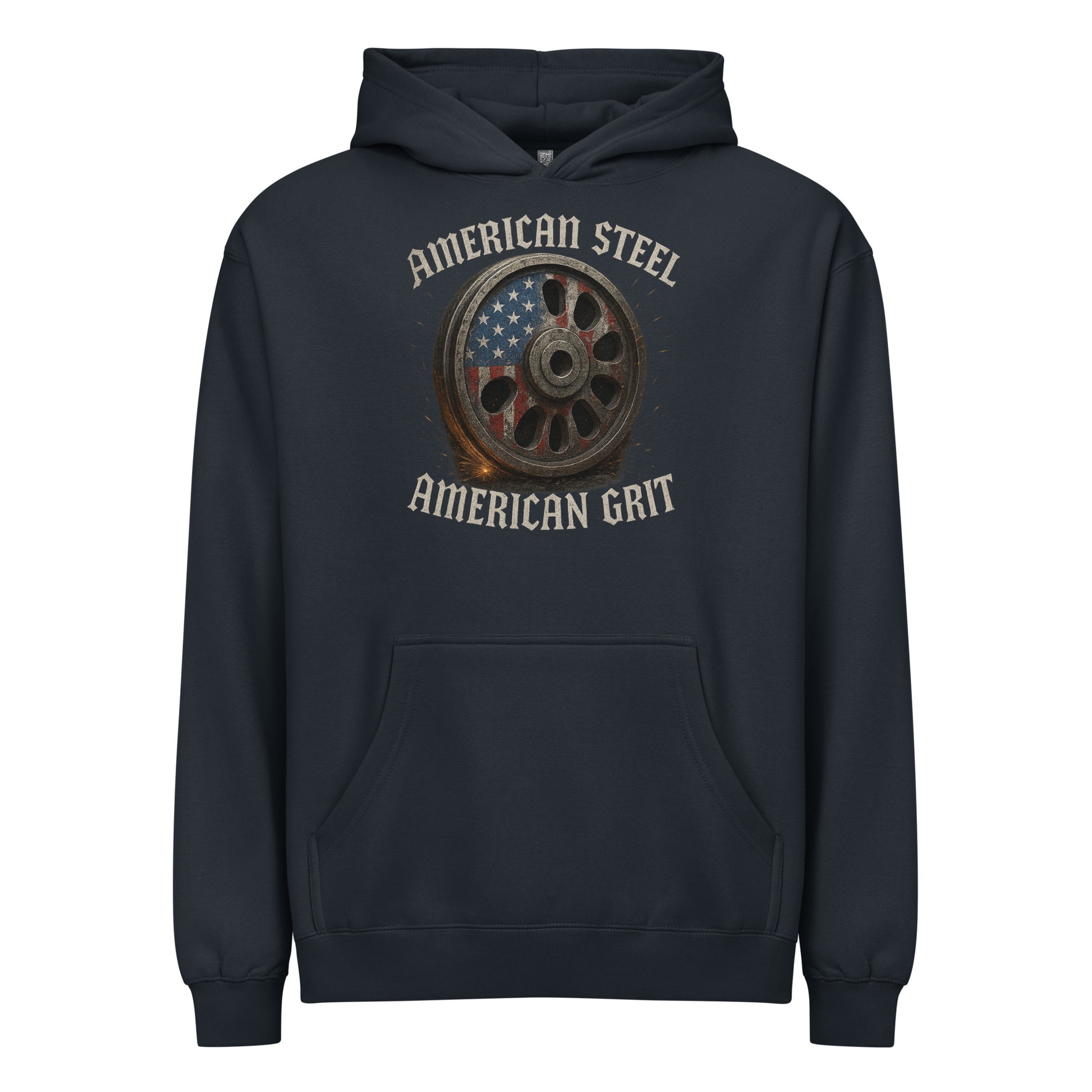 Navy hoodie with 'American Steel American Grit' graphic on a white background