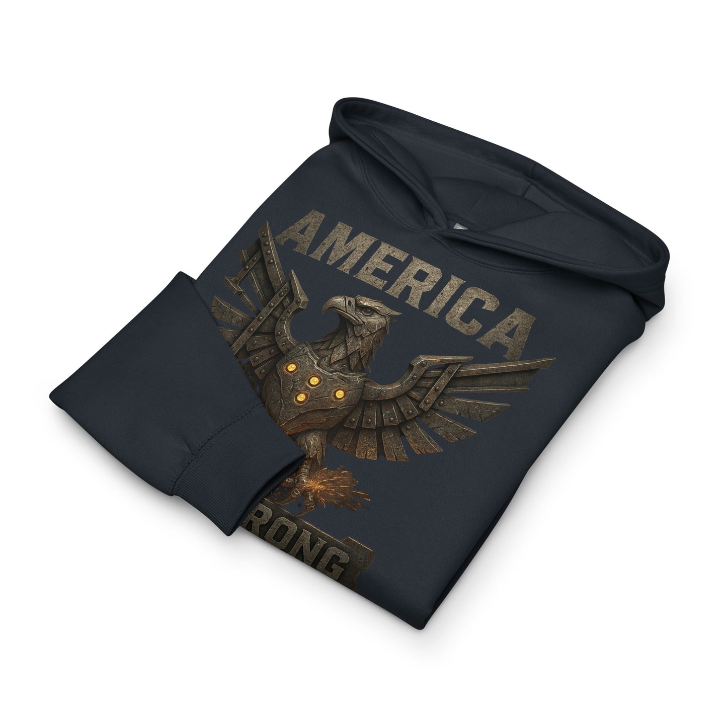 Black hoodie with eagle design and 'America Strong' text on a white background