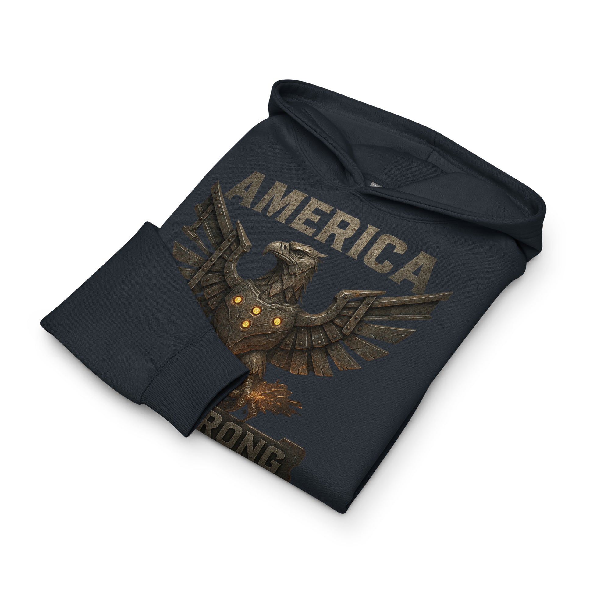 Black hoodie with eagle design and 'America Strong' text on a white background