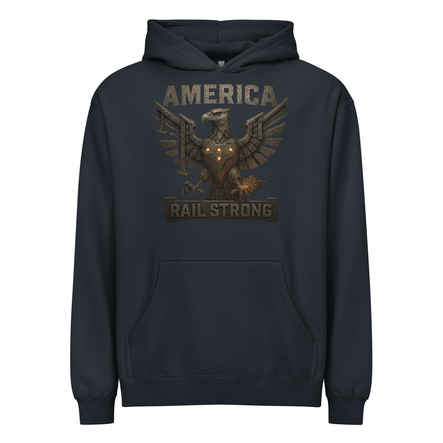 Navy hoodie with eagle design and 'America Rail Strong' text on a white background