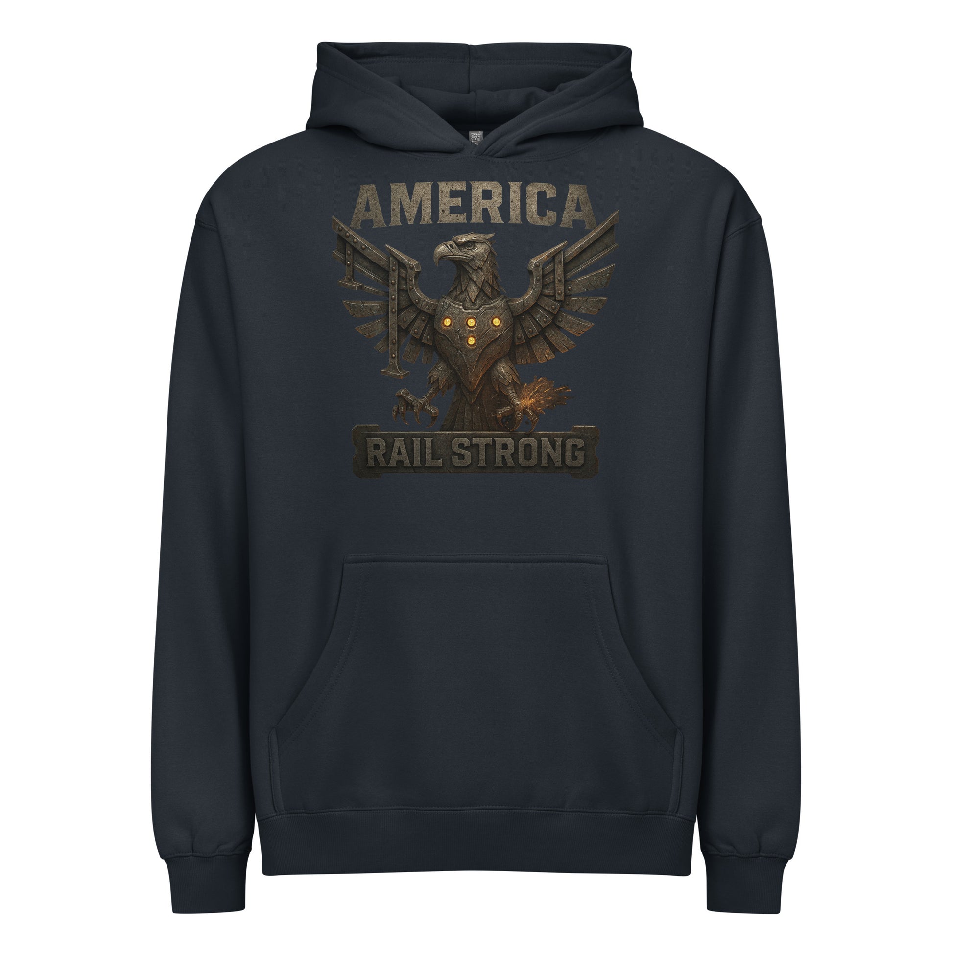 Navy hoodie with eagle design and 'America Rail Strong' text on a white background