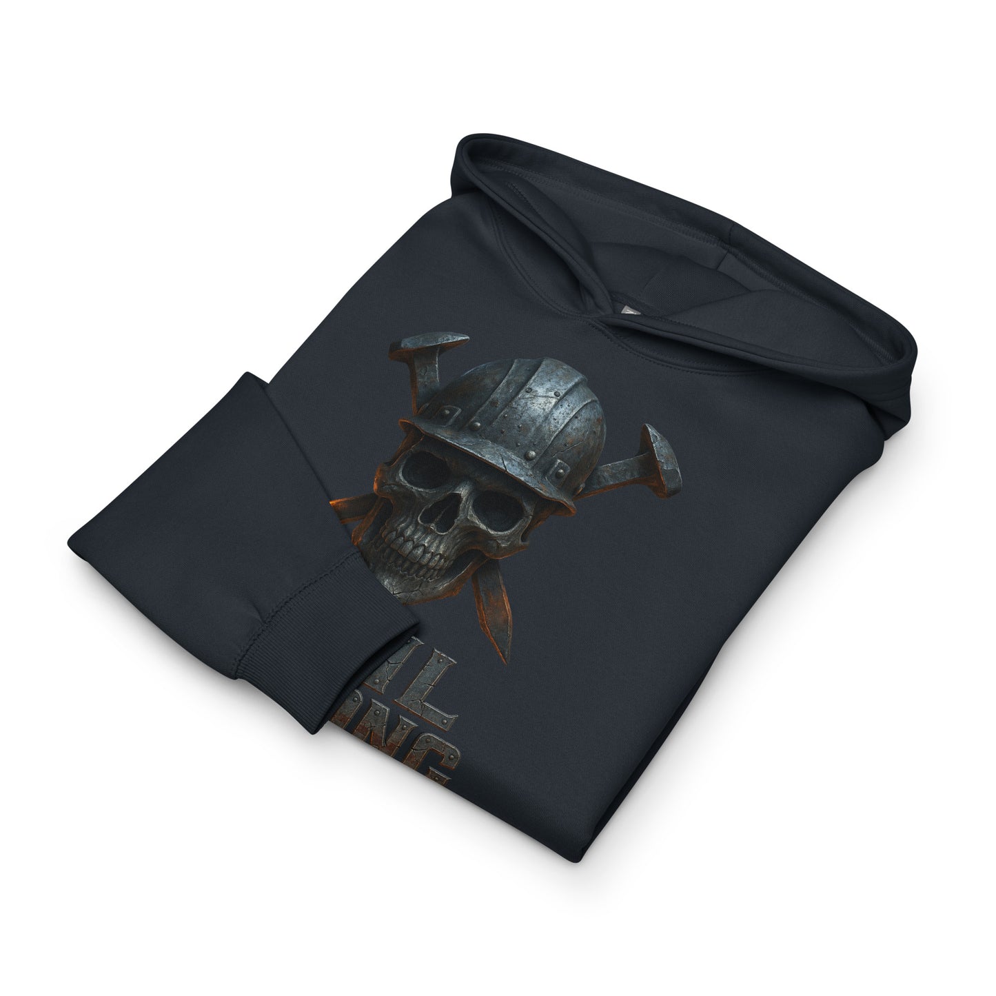 Black hoodie with a skull design and text on a white background
