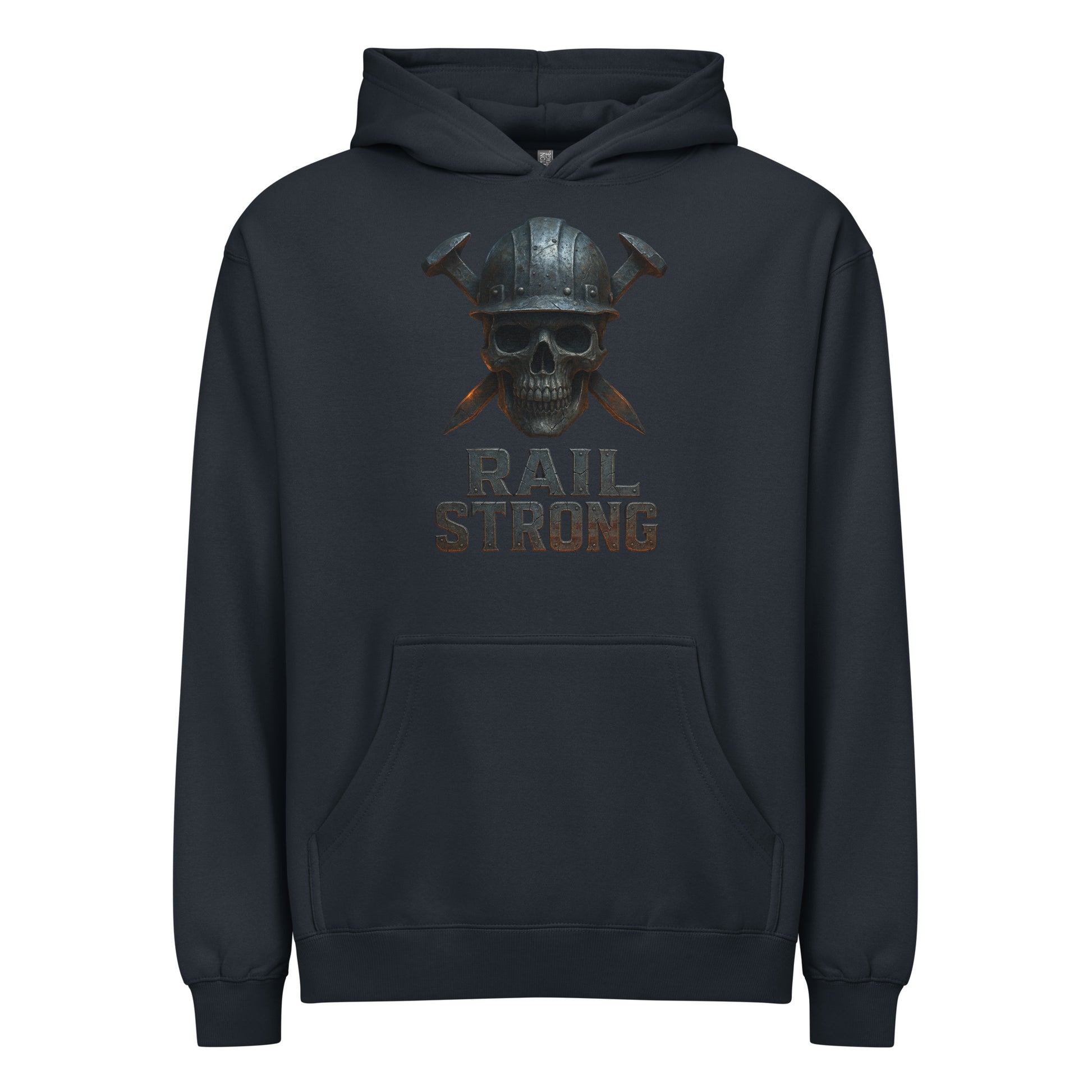Black hoodie with skull and crossed axes design and 'Rail Strong' text on a white background