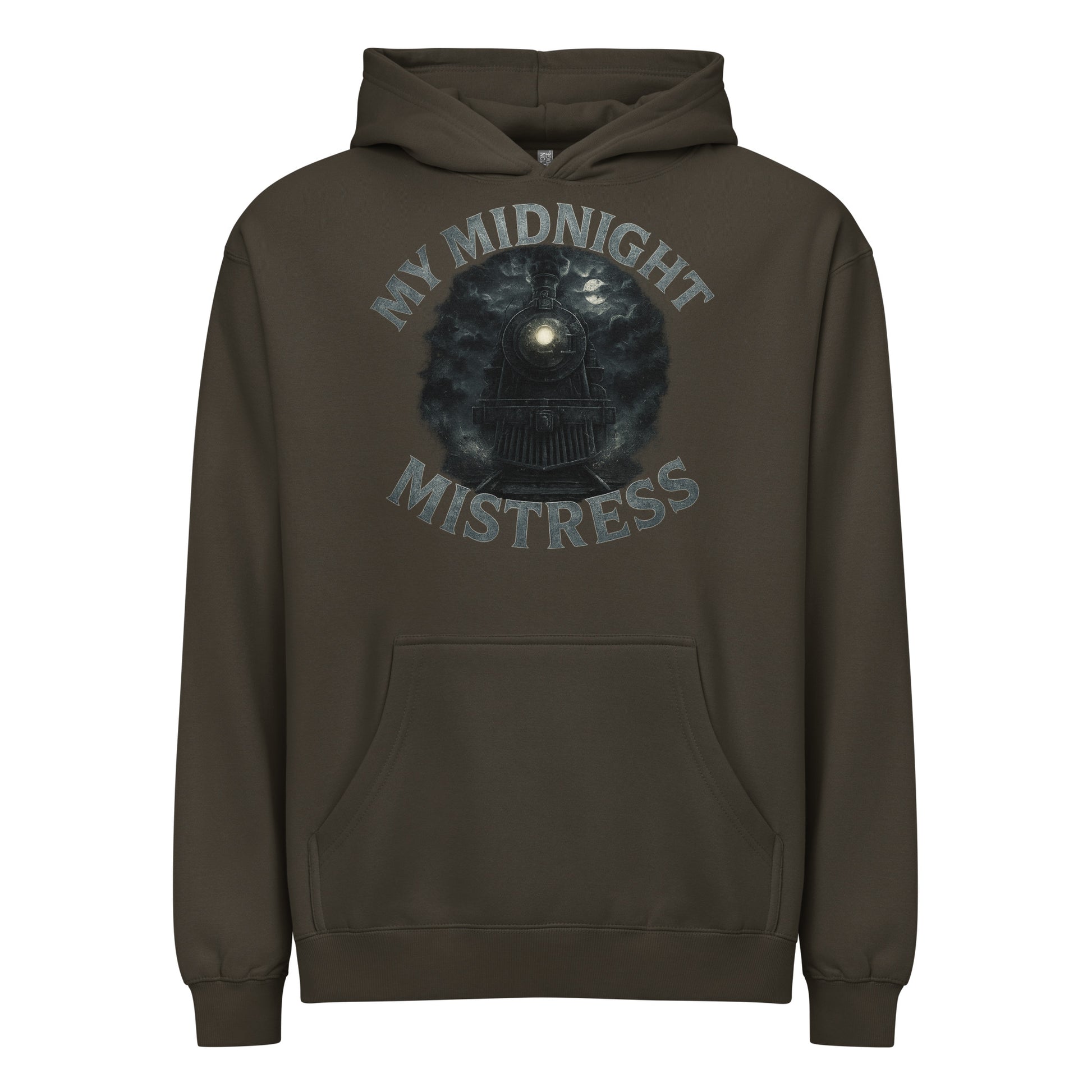 Vintage Black men’s box hoodie with “My Midnight Mistress” text and a steam locomotive graphic under a moonlit night sky.