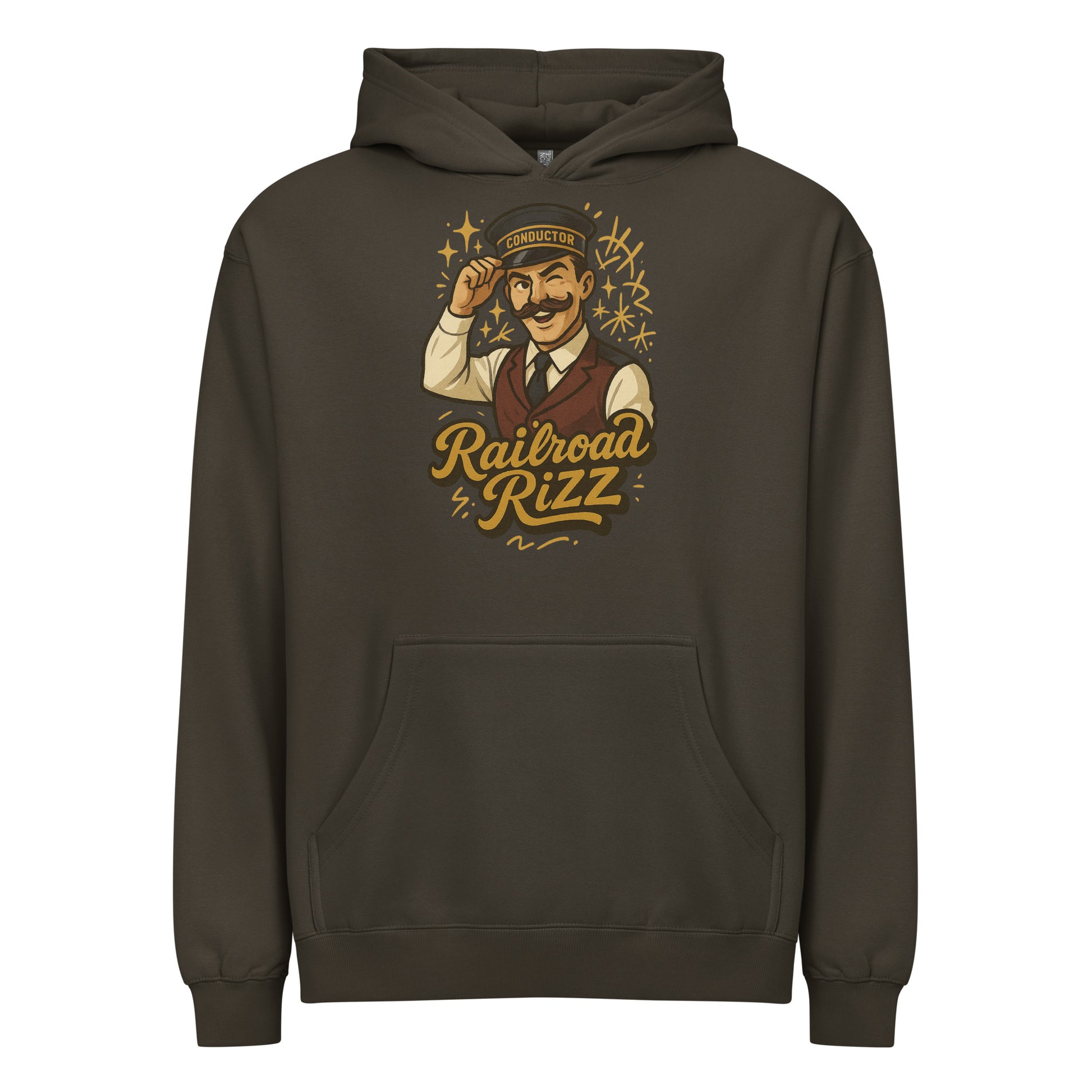 Dark gray hoodie with a graphic design of a man and text on a white background