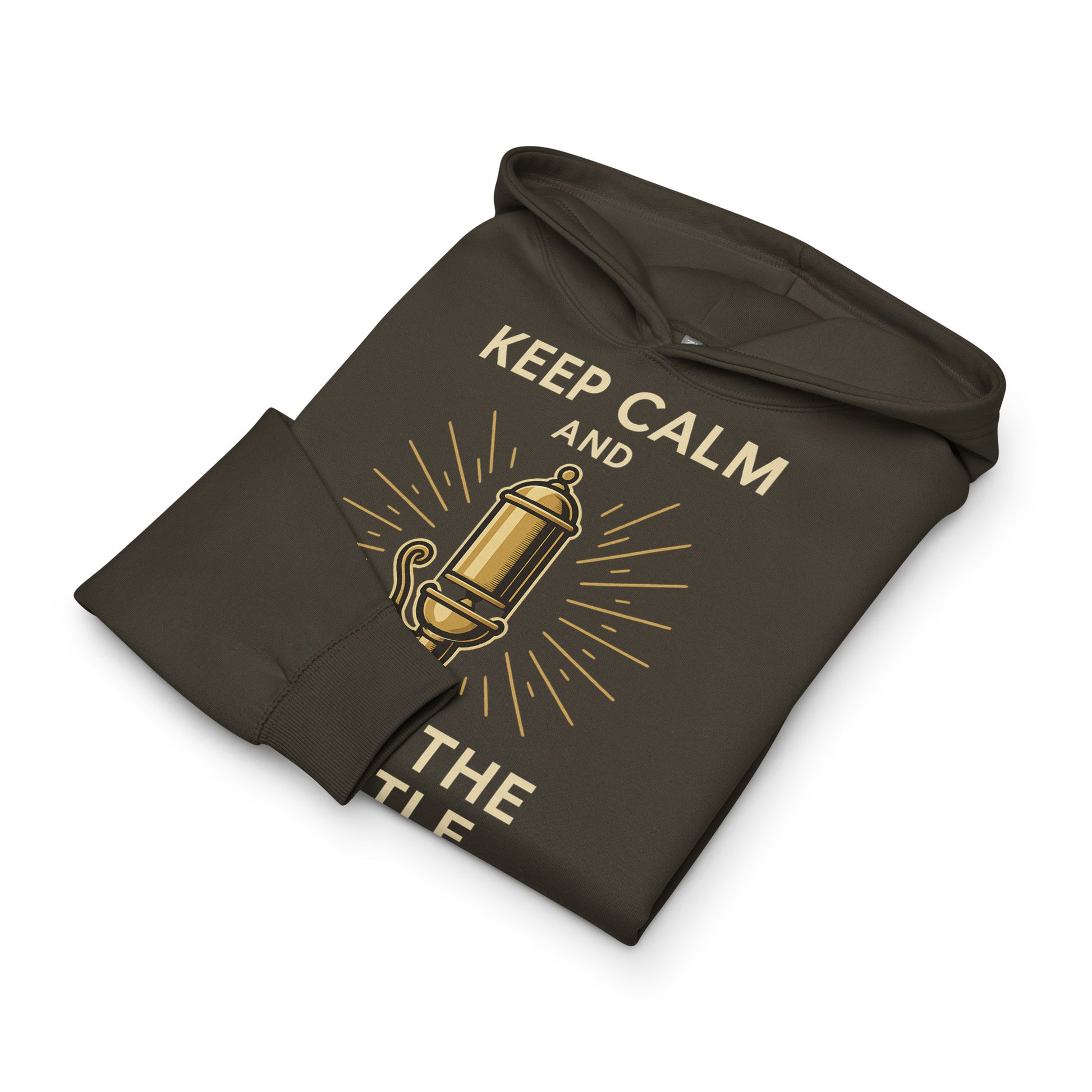 Brown hoodie with gold text and design on a white background