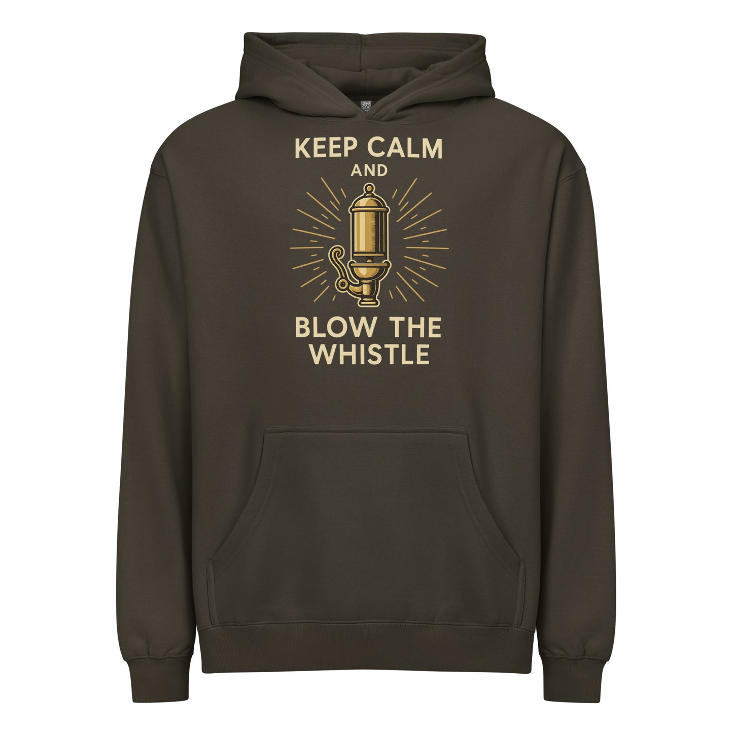 Brown hoodie with graphic design and text 'Keep Calm and Blow the Whistle' on a white background