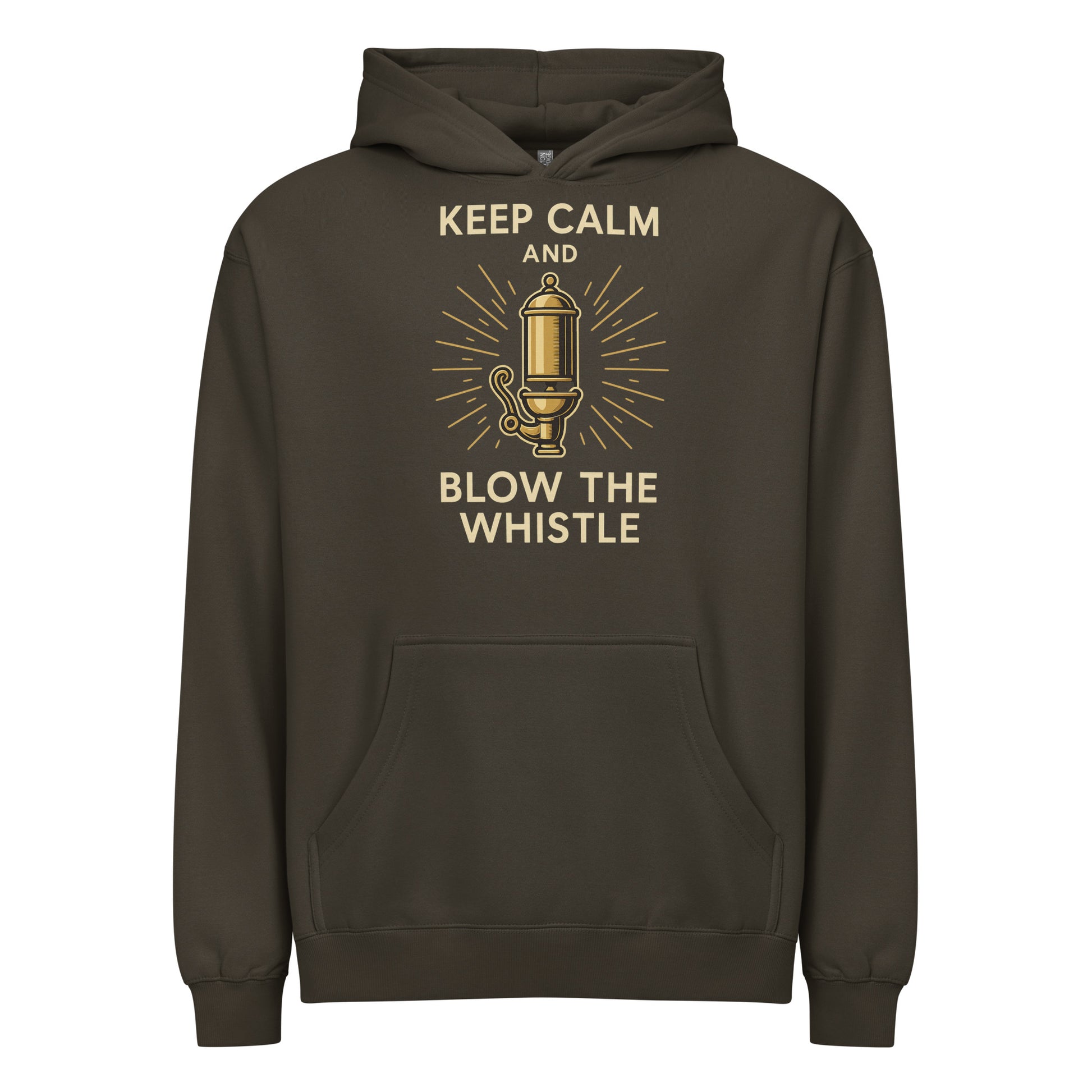 Brown hoodie with graphic design and text 'Keep Calm and Blow the Whistle' on a white background