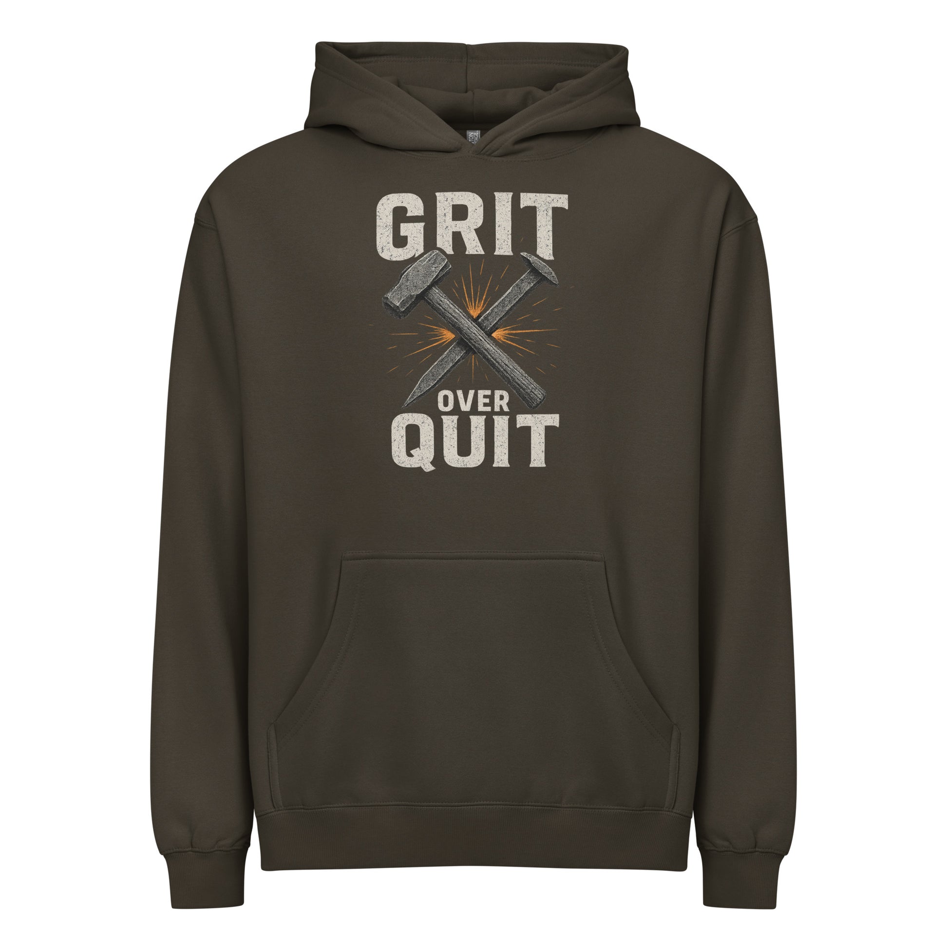 Dark gray hoodie with 'GRIT OVER QUIT' text and crossed hammers on a white background