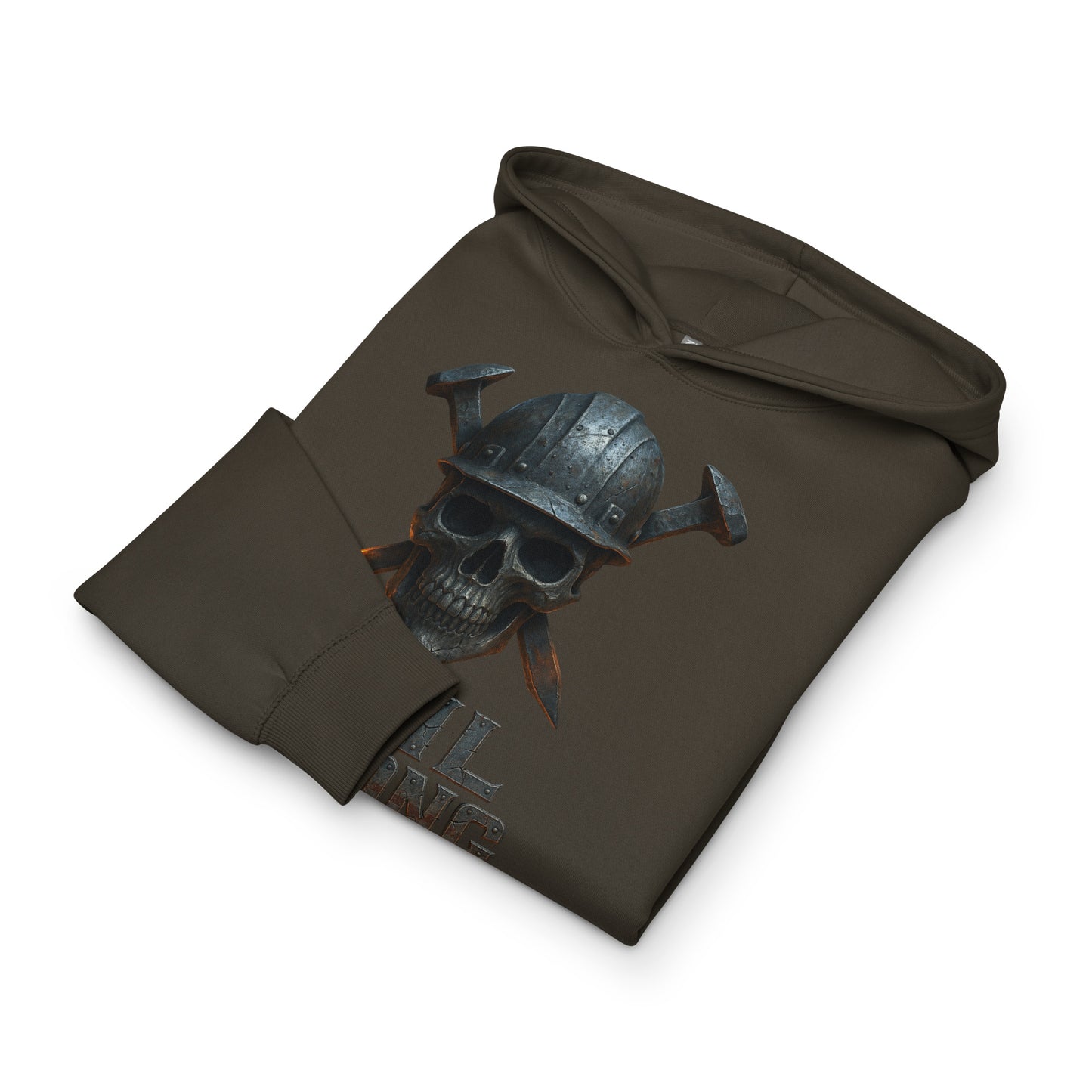Folded hoodie with a skull design on a white background