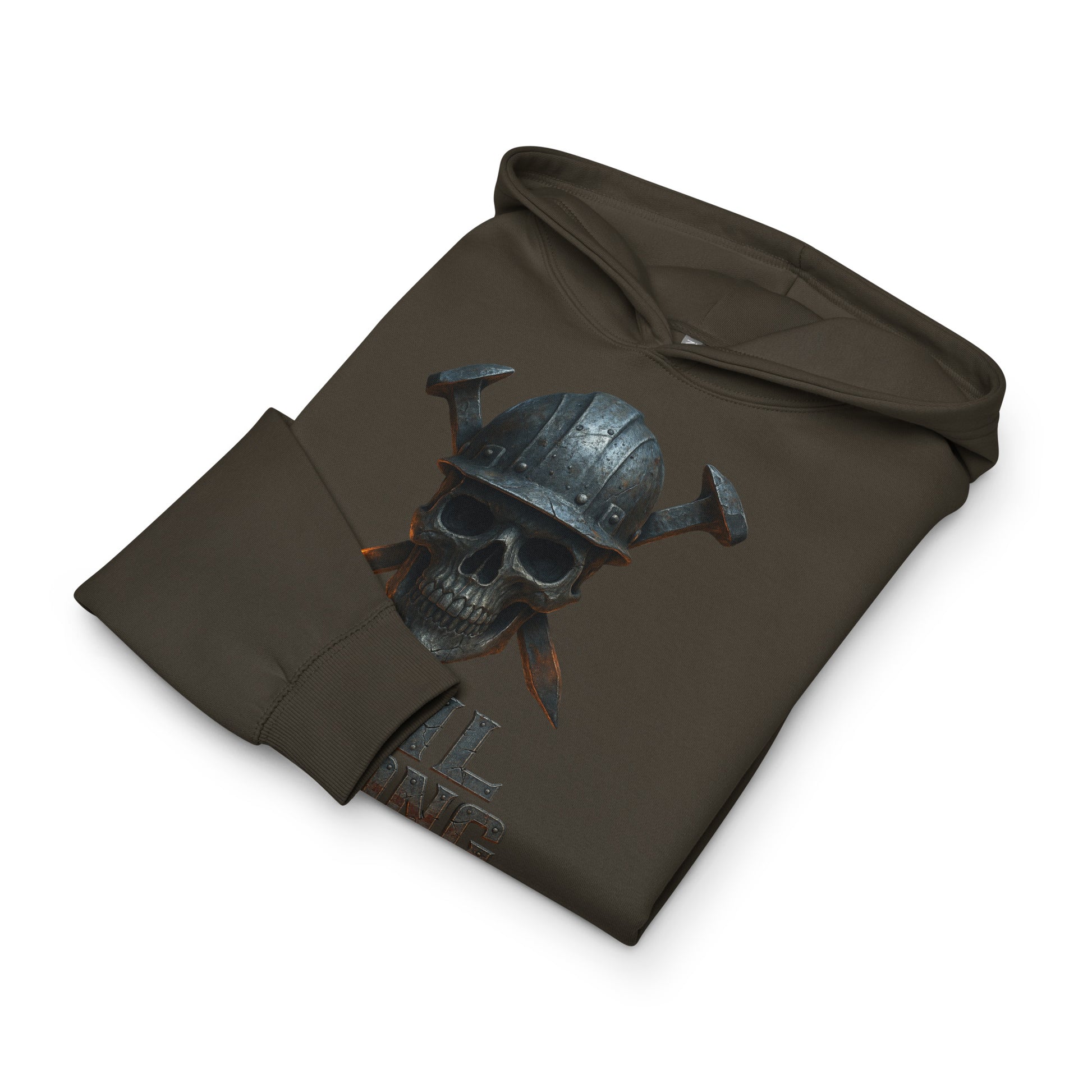 Folded hoodie with a skull design on a white background