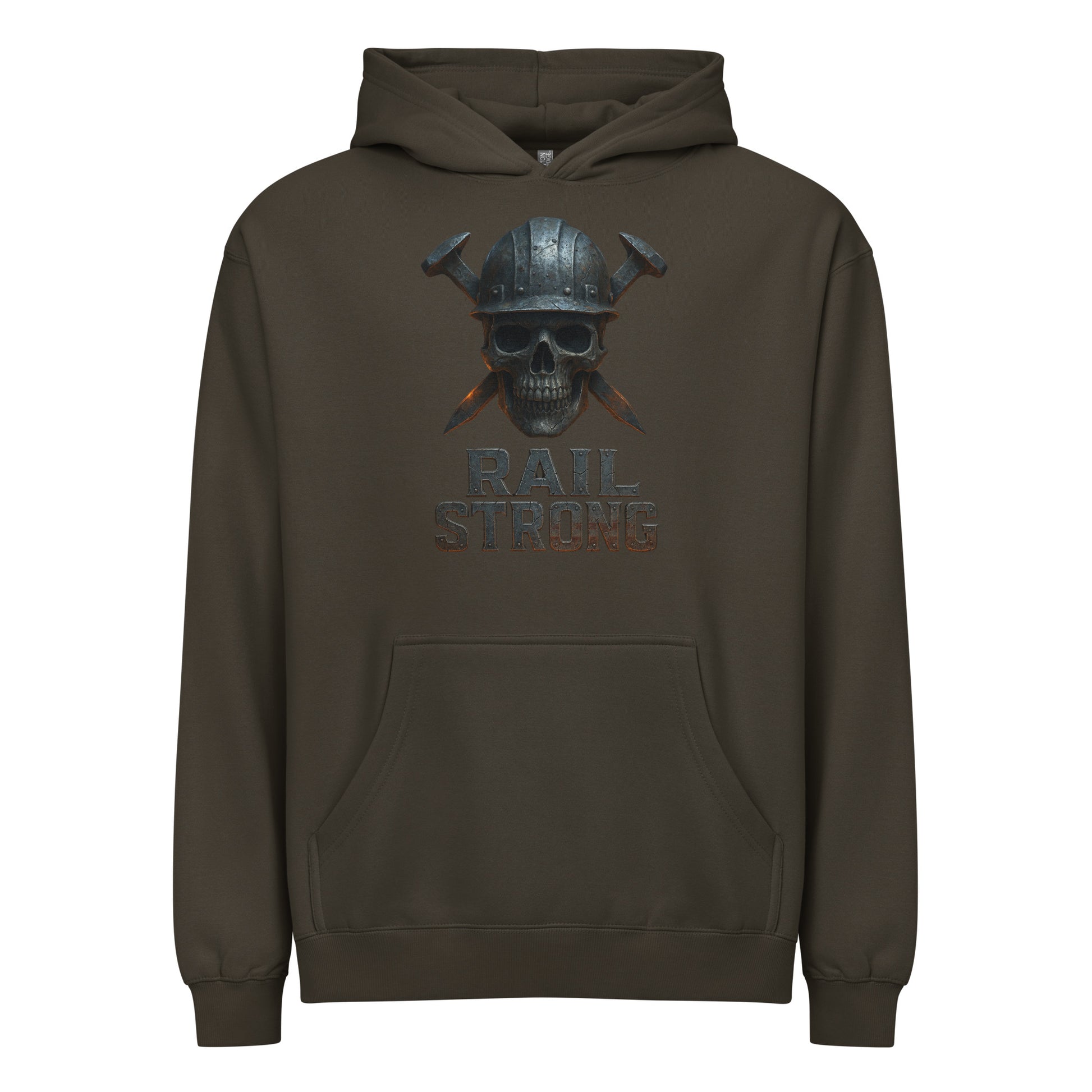 Brown hoodie with skull and crossed swords design on a white background