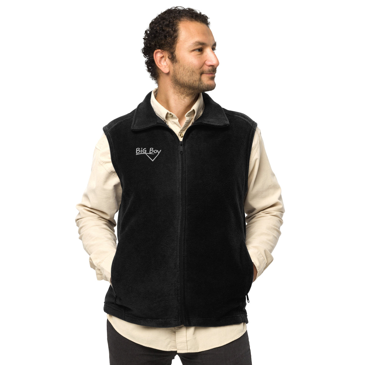 Man wearing a Black Men's Columbia fleece full-zip vest featuring the classic white chalk-style "Big Boy" script logo cleanly embroidered on the right chest.