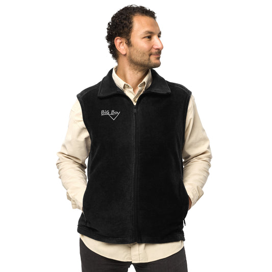 Man wearing a Black Men's Columbia fleece full-zip vest featuring the classic white chalk-style "Big Boy" script logo cleanly embroidered on the right chest.