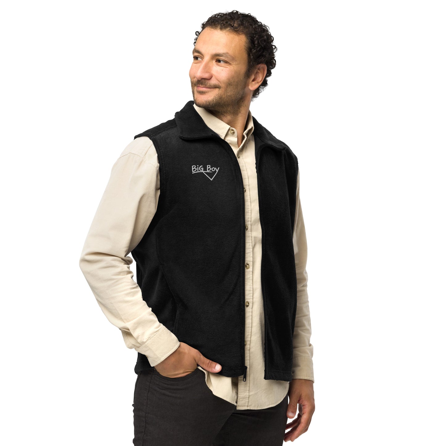 Man wearing a Black Men's Columbia fleece full-zip vest featuring the classic white chalk-style "Big Boy" script logo cleanly embroidered on the right chest.