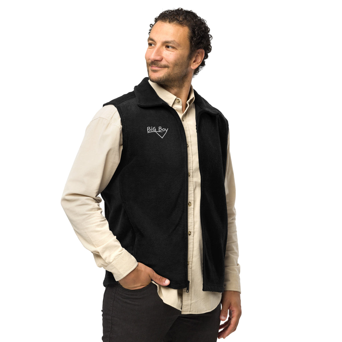 Man wearing a Black Men's Columbia fleece full-zip vest featuring the classic white chalk-style "Big Boy" script logo cleanly embroidered on the right chest.