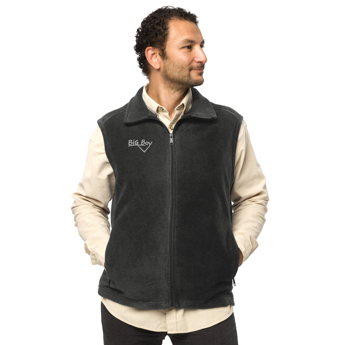 Man wearing a gray Men's Columbia fleece full-zip vest featuring the classic white chalk-style "Big Boy" script logo cleanly embroidered on the right chest.