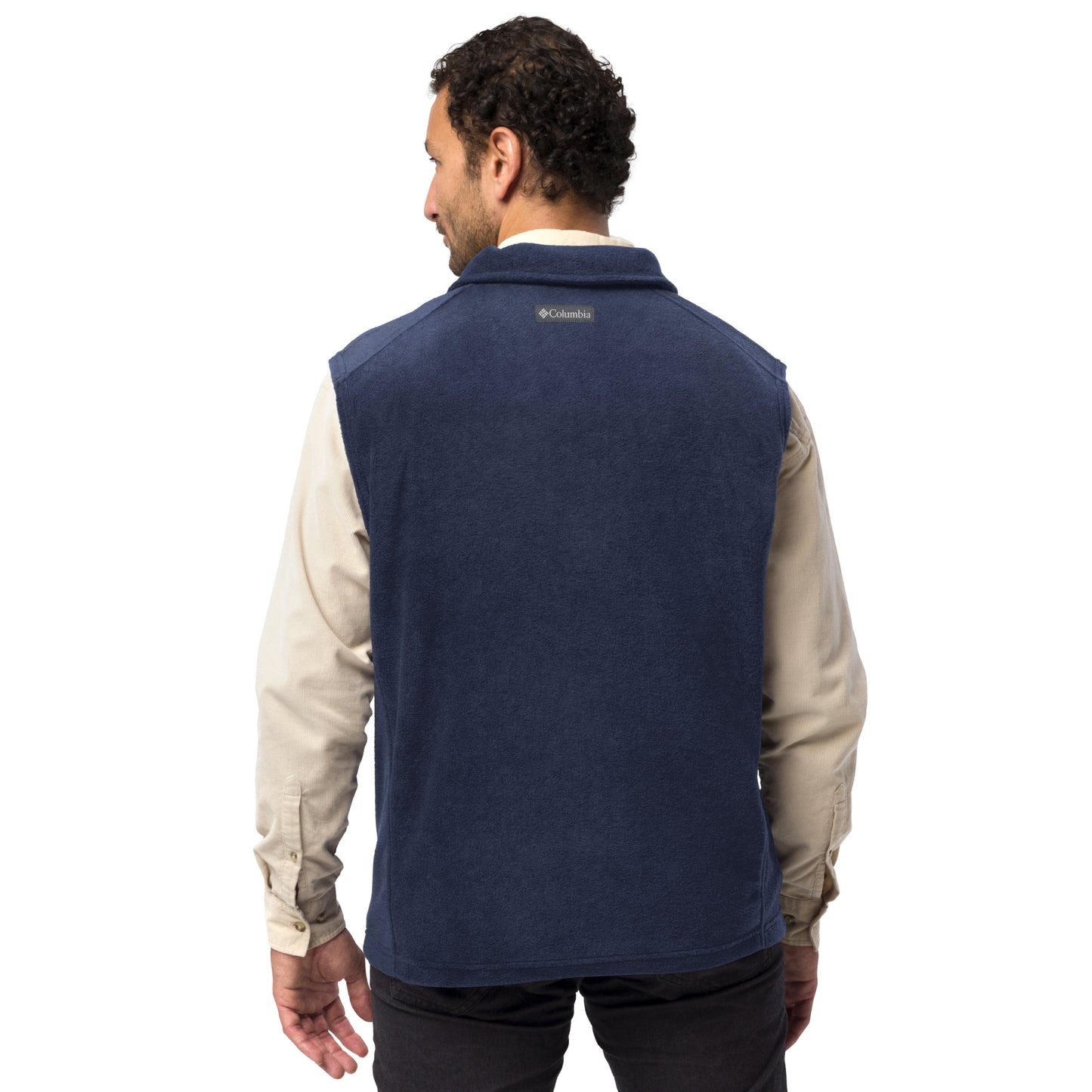 Man wearing a navy Men's Columbia fleece full-zip vest featuring the classic white chalk-style "Big Boy" script logo cleanly embroidered on the right chest.