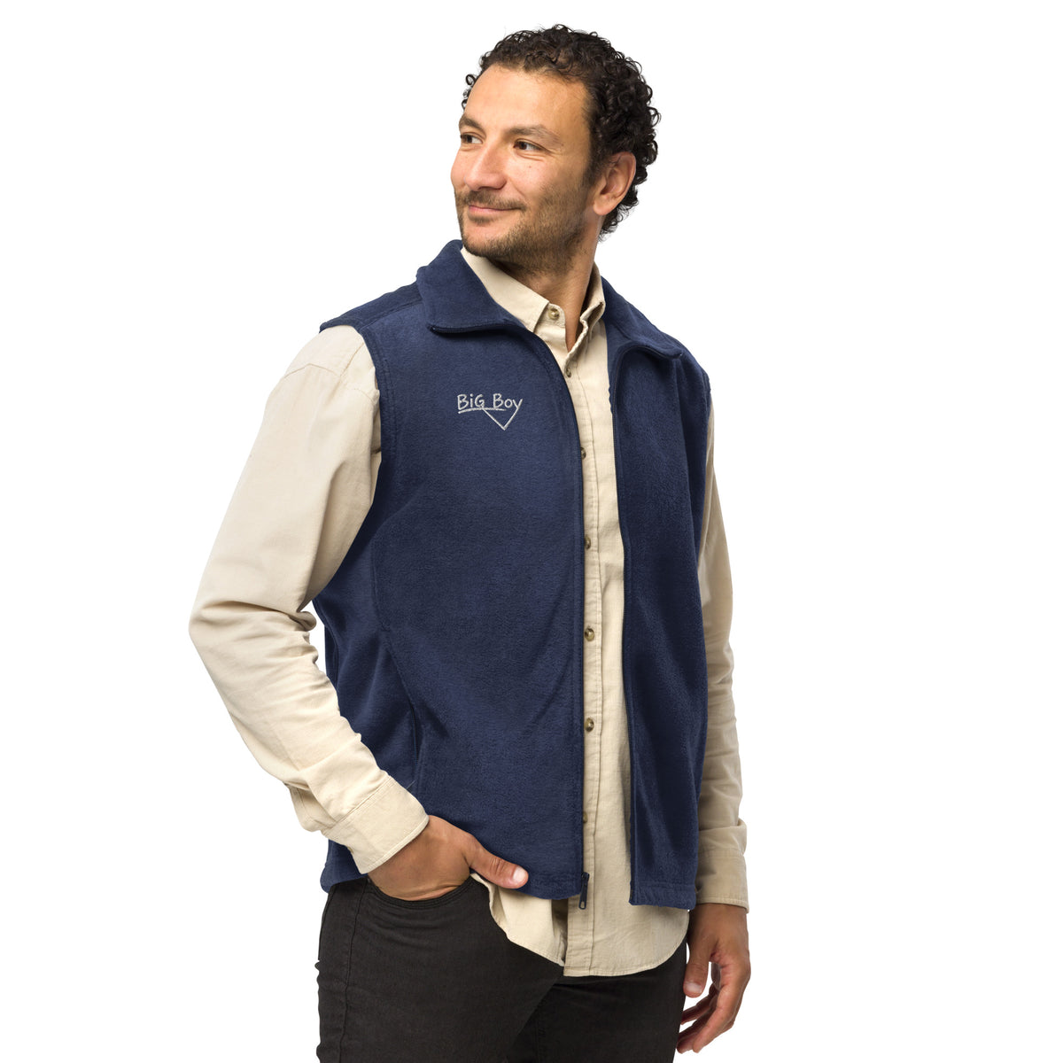 Man wearing a navy Men's Columbia fleece full-zip vest featuring the classic white chalk-style "Big Boy" script logo cleanly embroidered on the right chest.