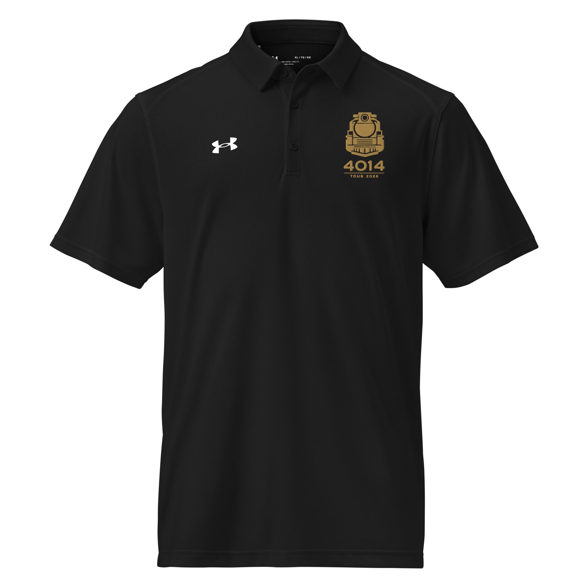 Black Under Armour men's polo shirt featuring a gold graphic of a front-facing steam locomotive above the text "4014 TOUR 2026" on the left chest. A white Under Armour logo is displayed on the right chest. The shirt has a classic collar and a three-button placket.