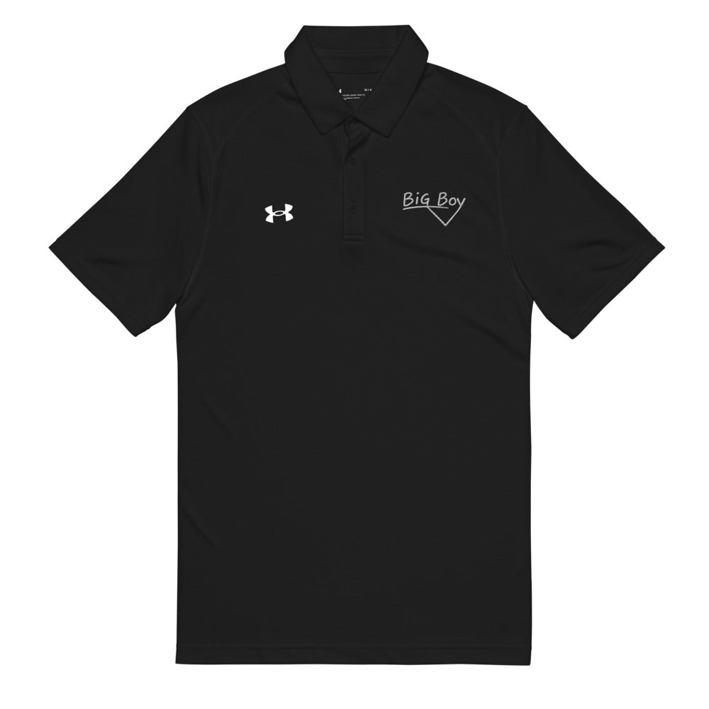 Black Under Armour men's polo shirt featuring the classic white chalk-style "Big Boy" script logo on the left chest. A white Under Armour logo is displayed on the right chest. The shirt has a classic collar and a three-button placket.