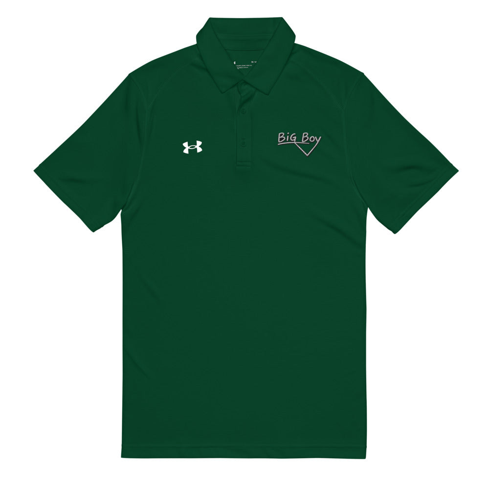 Forest green Under Armour men's polo shirt featuring the classic white chalk-style "Big Boy" script logo on the left chest. A white Under Armour logo is displayed on the right chest. The shirt has a classic collar and a three-button placket.