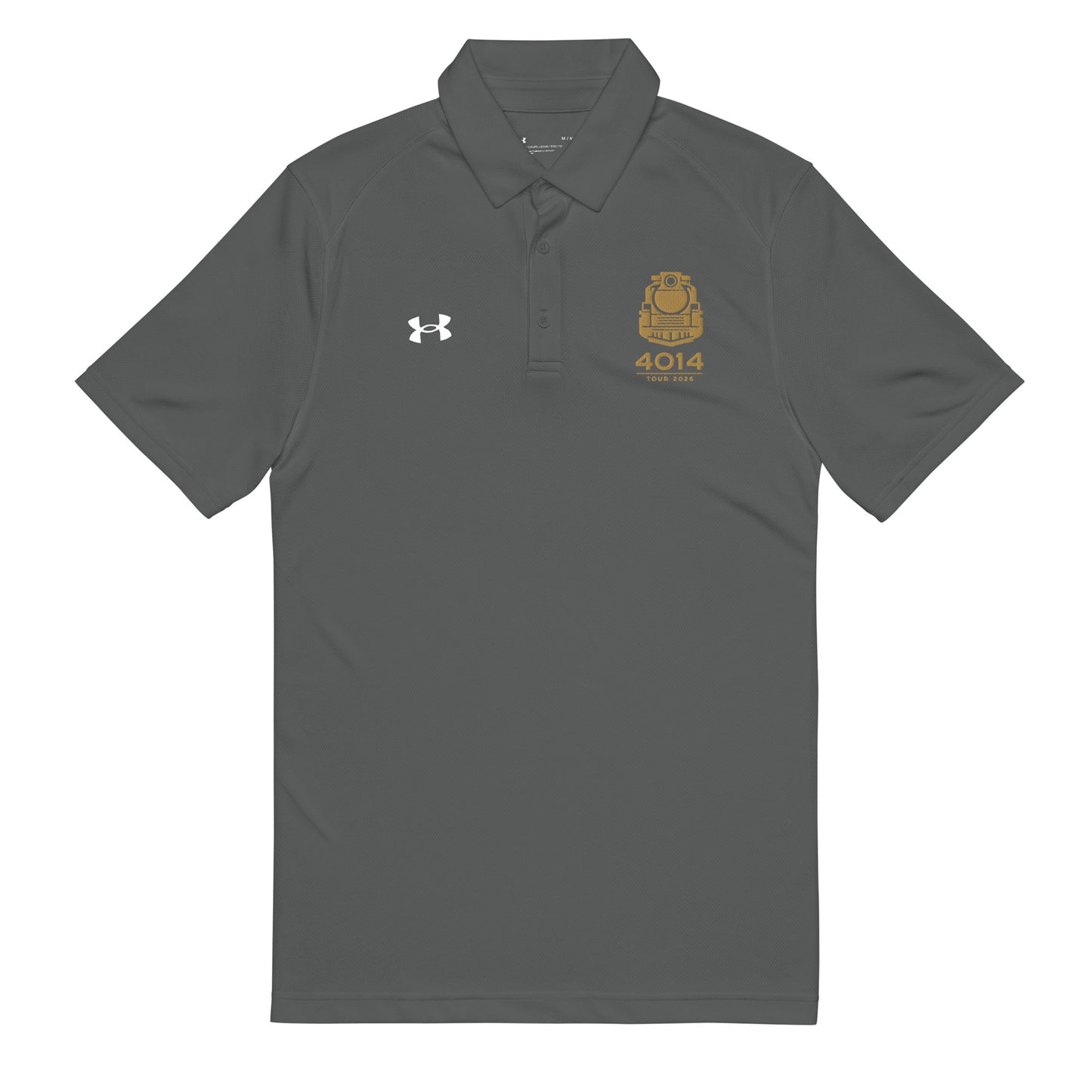 Gray Under Armour men's polo shirt featuring a gold graphic of a front-facing steam locomotive above the text "4014 TOUR 2026" on the left chest. A white Under Armour logo is displayed on the right chest. The shirt has a classic collar and a three-button placket.