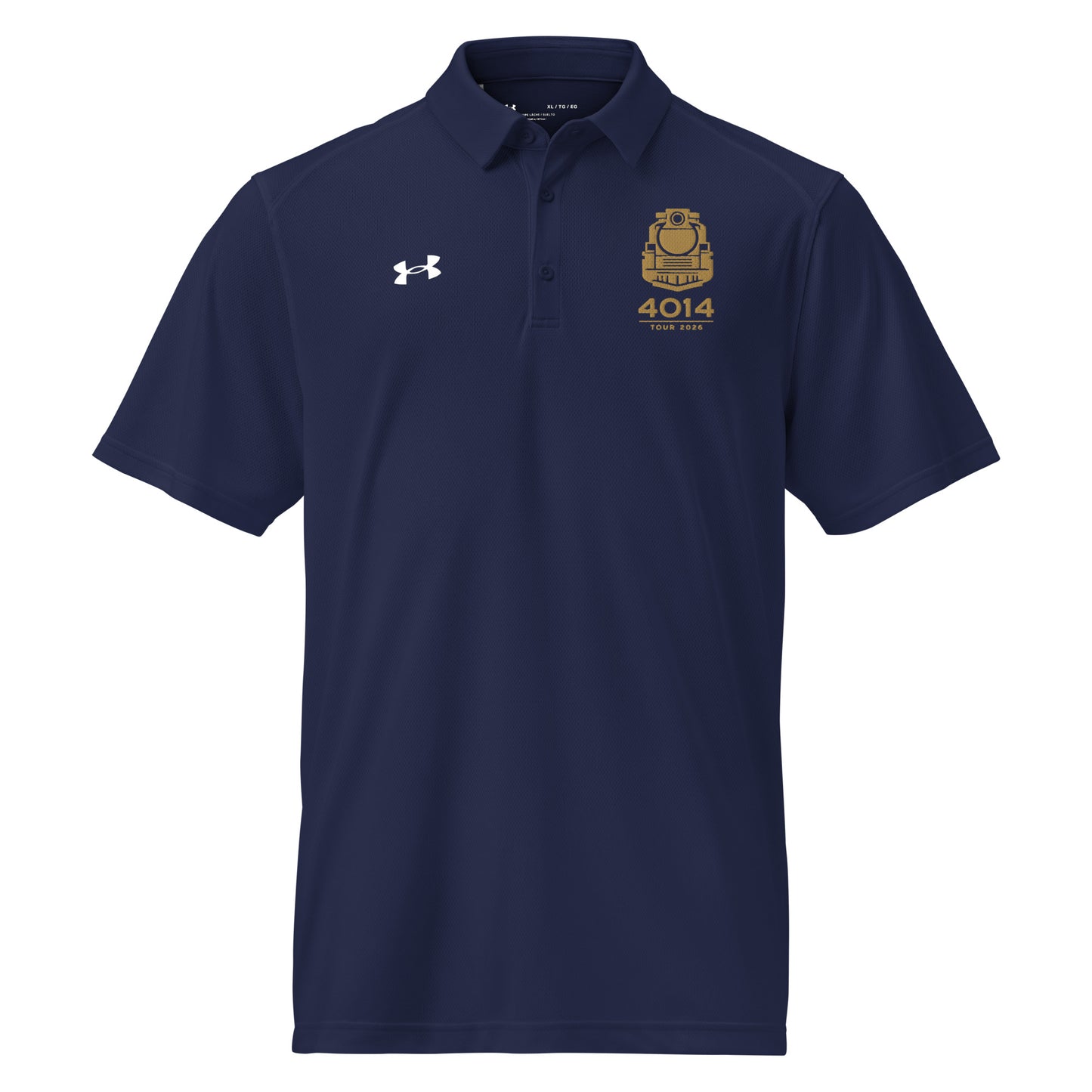 Navy Under Armour men's polo shirt featuring a gold graphic of a front-facing steam locomotive above the text "4014 TOUR 2026" on the left chest. A white Under Armour logo is displayed on the right chest. The shirt has a classic collar and a three-button placket.