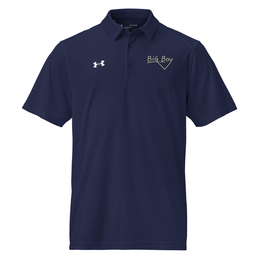 Navy Under Armour men's polo shirt featuring the classic white chalk-style "Big Boy" script logo on the left chest. A white Under Armour logo is displayed on the right chest. The shirt has a classic collar and a three-button placket.
