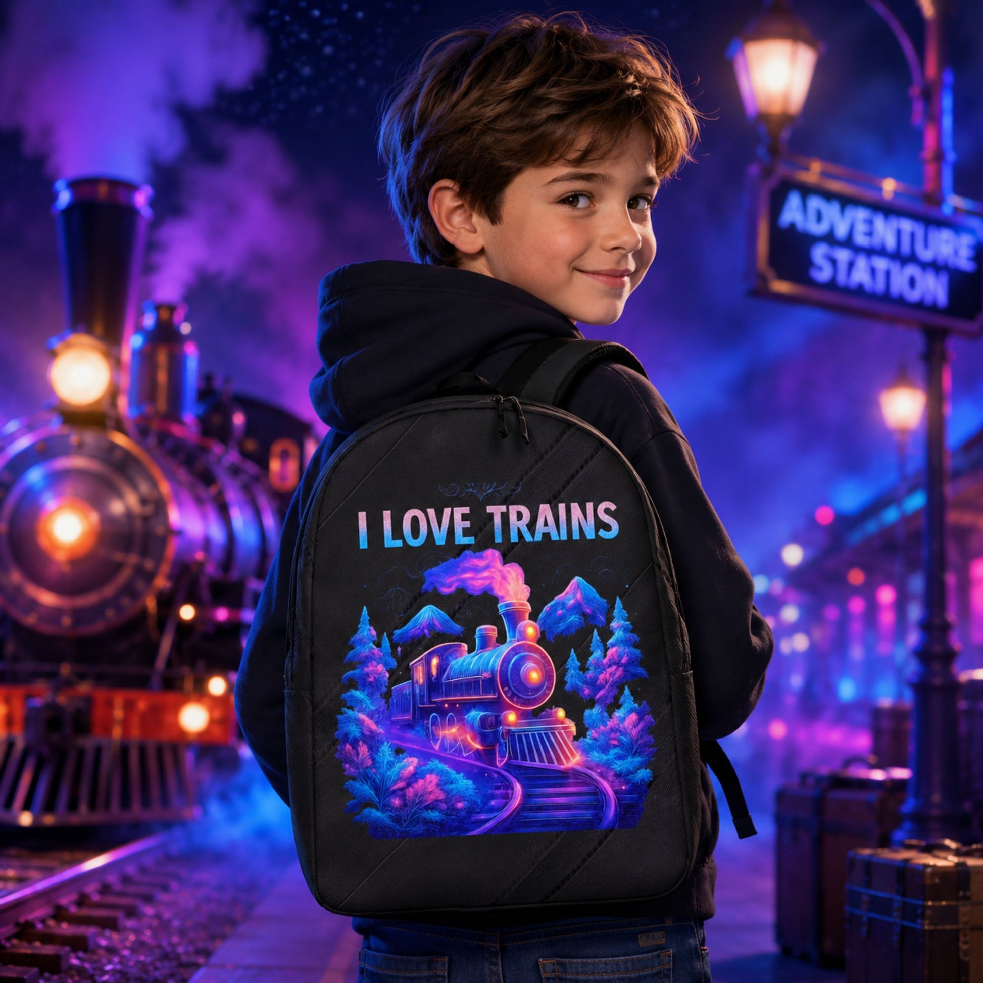 A young boy wearing a black hoodie and backpack stands on a train station platform at night, looking back over his shoulder. The backpack features a colorful graphic of a neon-lit train and the text 'I LOVE TRAINS'.