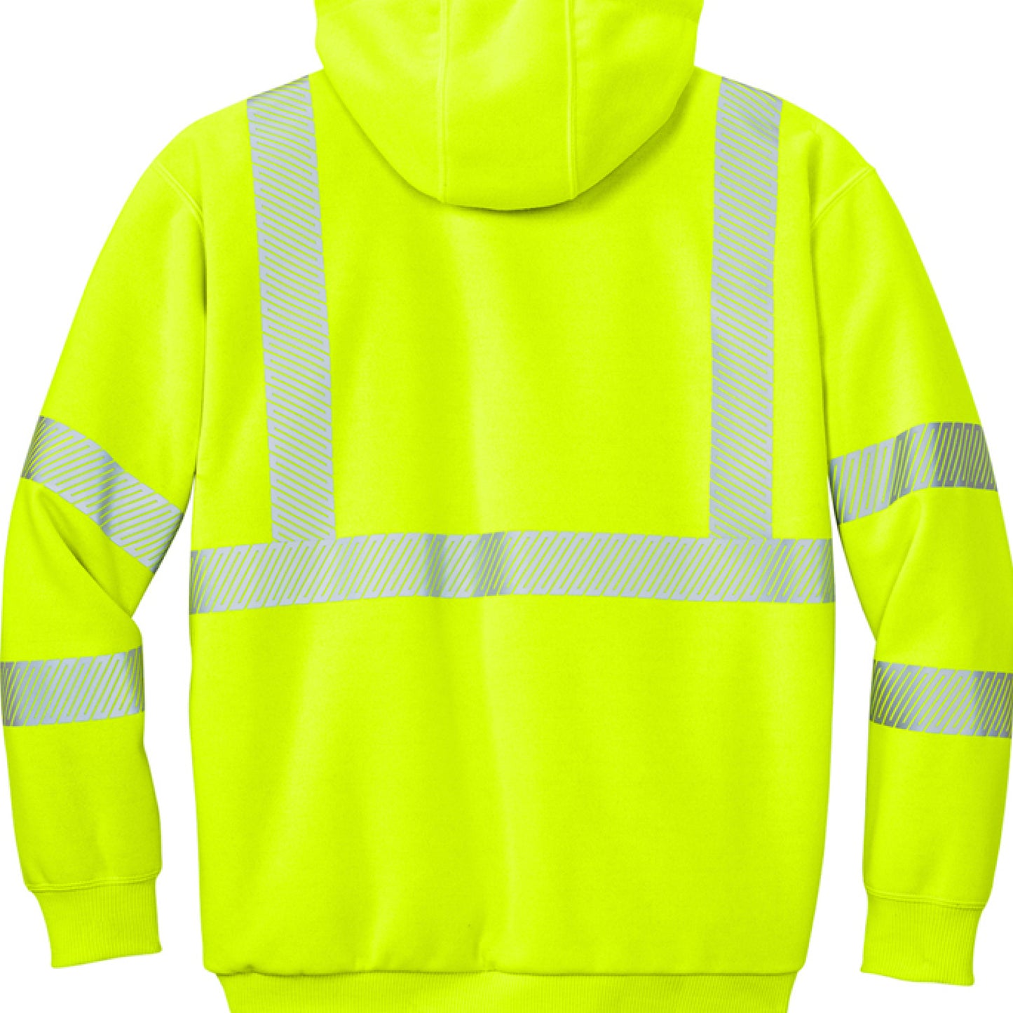 High-visibility yellow hoodie with reflective stripes on a white background