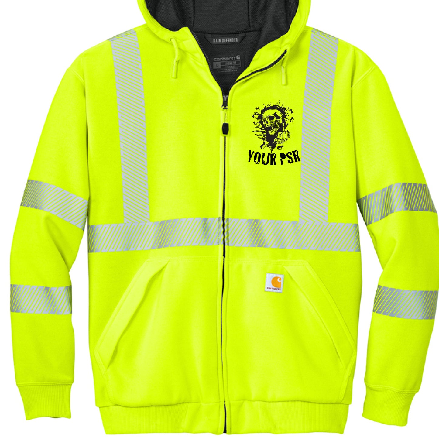 High-visibility yellow hoodie with reflective stripes and a brand logo on a white background