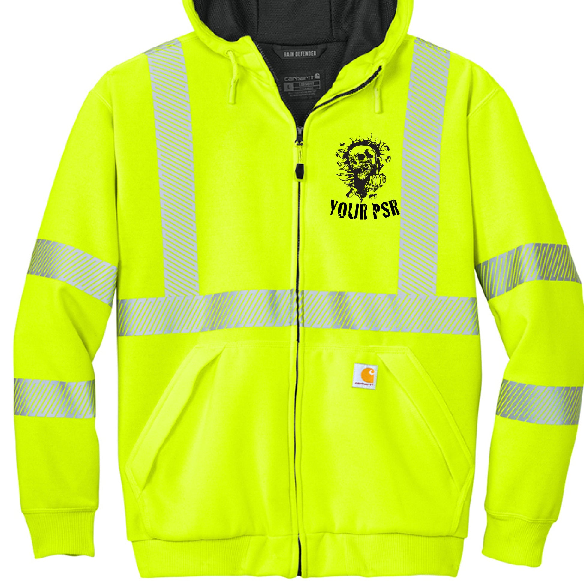 High-visibility yellow hoodie with reflective stripes and a brand logo on a white background