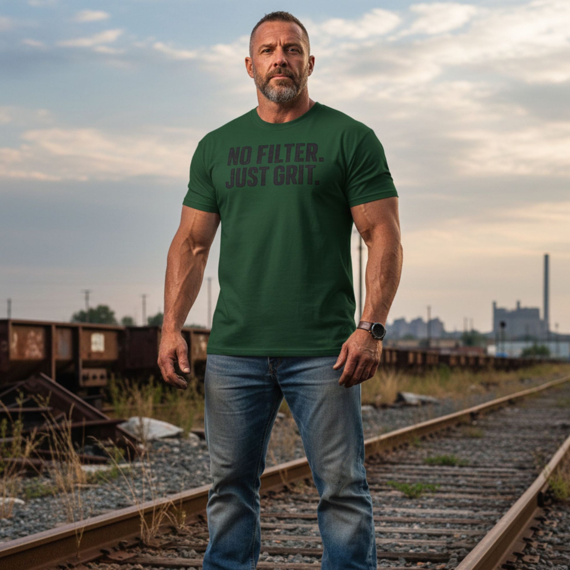 Man wearing a green t-shirt with 'No Filter. Just Grit' text, standing on train tracks.