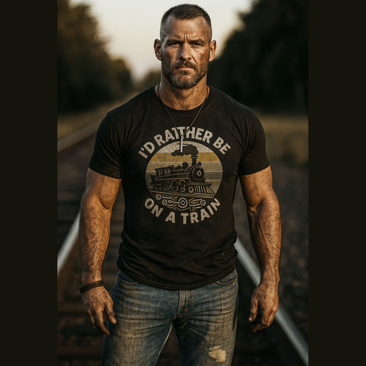 Man wearing a black t-shirt with a train graphic and text, standing on railway tracks.