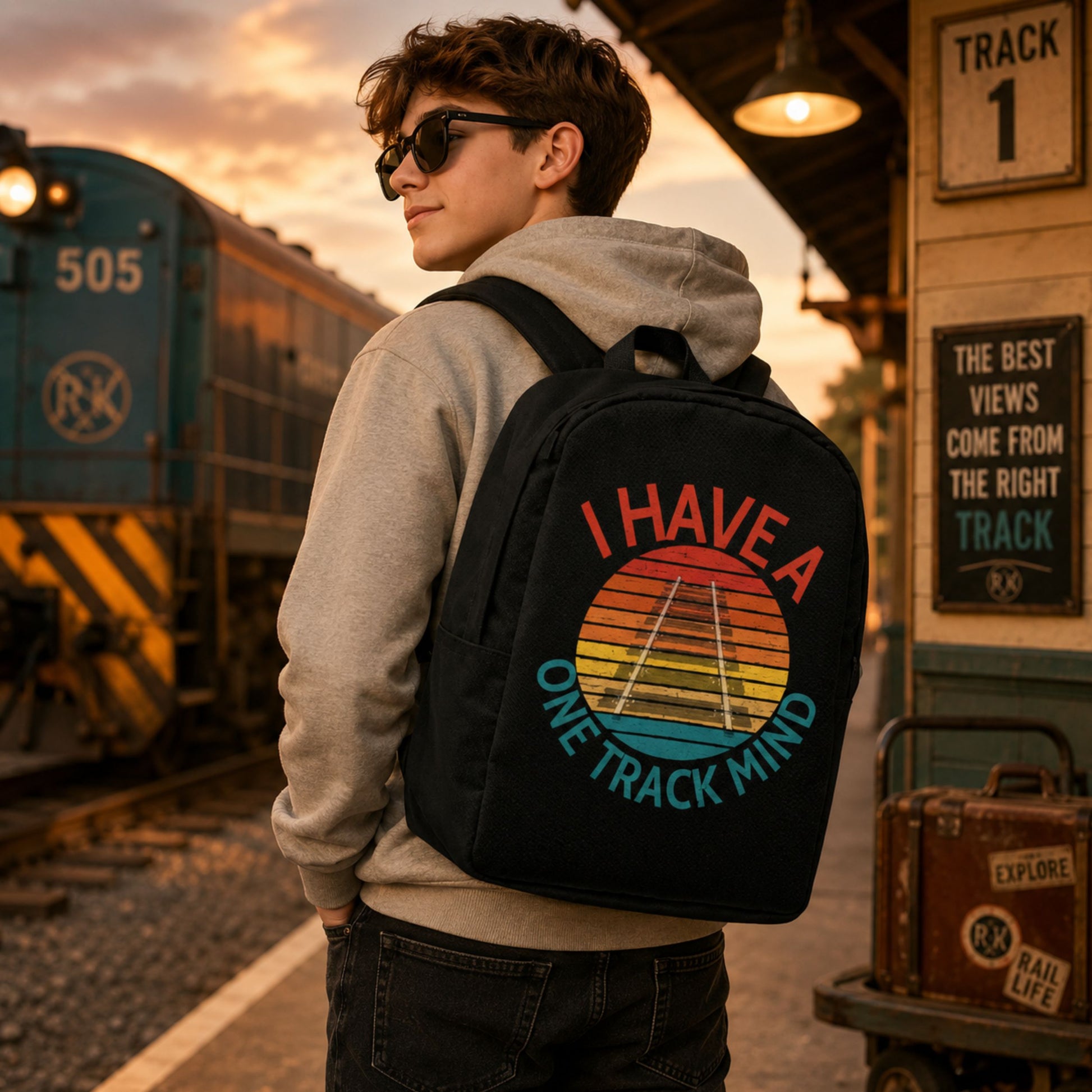 A person standing at a train station platform wearing a black backpack with a colorful retro train graphic and the text 'I HAVE ONE TRACK MINE'. A train and station platform are visible in the background.