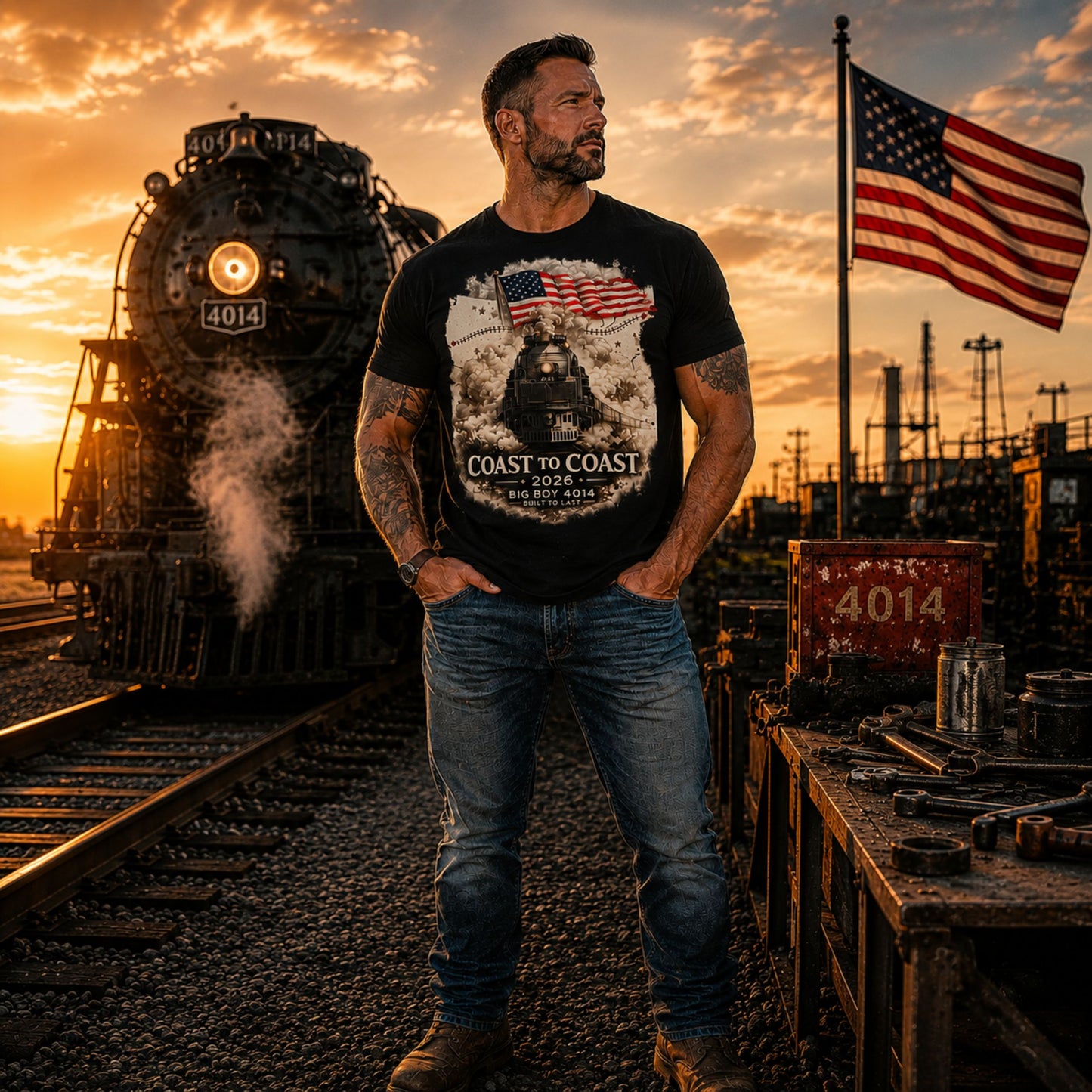 Black t-shirt featuring the Big Boy 4014 steam locomotive, a waving American flag, and a US map showing a track route, with text reading "Coast to Coast 2026", "Big Boy 4014", and "Built To Last".