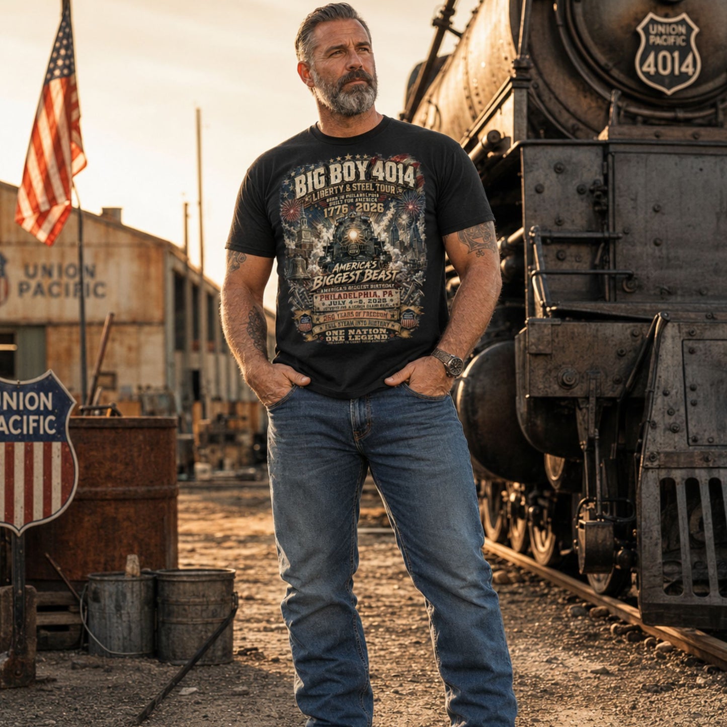 Man wearing a Black t-shirt featuring a highly detailed graphic of the Big Boy 4014 steam locomotive, Liberty Bell, Independence Hall, and Philadelphia skyline with fireworks. Text reads "BIG BOY 4014", "LIBERTY & STEEL TOUR", "BORN IN PHILADELPHIA BUILT FOR AMERICA", "1776 - 2026", "AMERICA'S BIGGEST BEAST", "AMERICA'S BIGGEST BIRTHDAY", "PHILADELPHIA, PA JULY 4-5, 2026", "250 YEARS OF FREEDOM", "FULL STEAM INTO HISTORY", and "ONE NATION. ONE LEGEND."