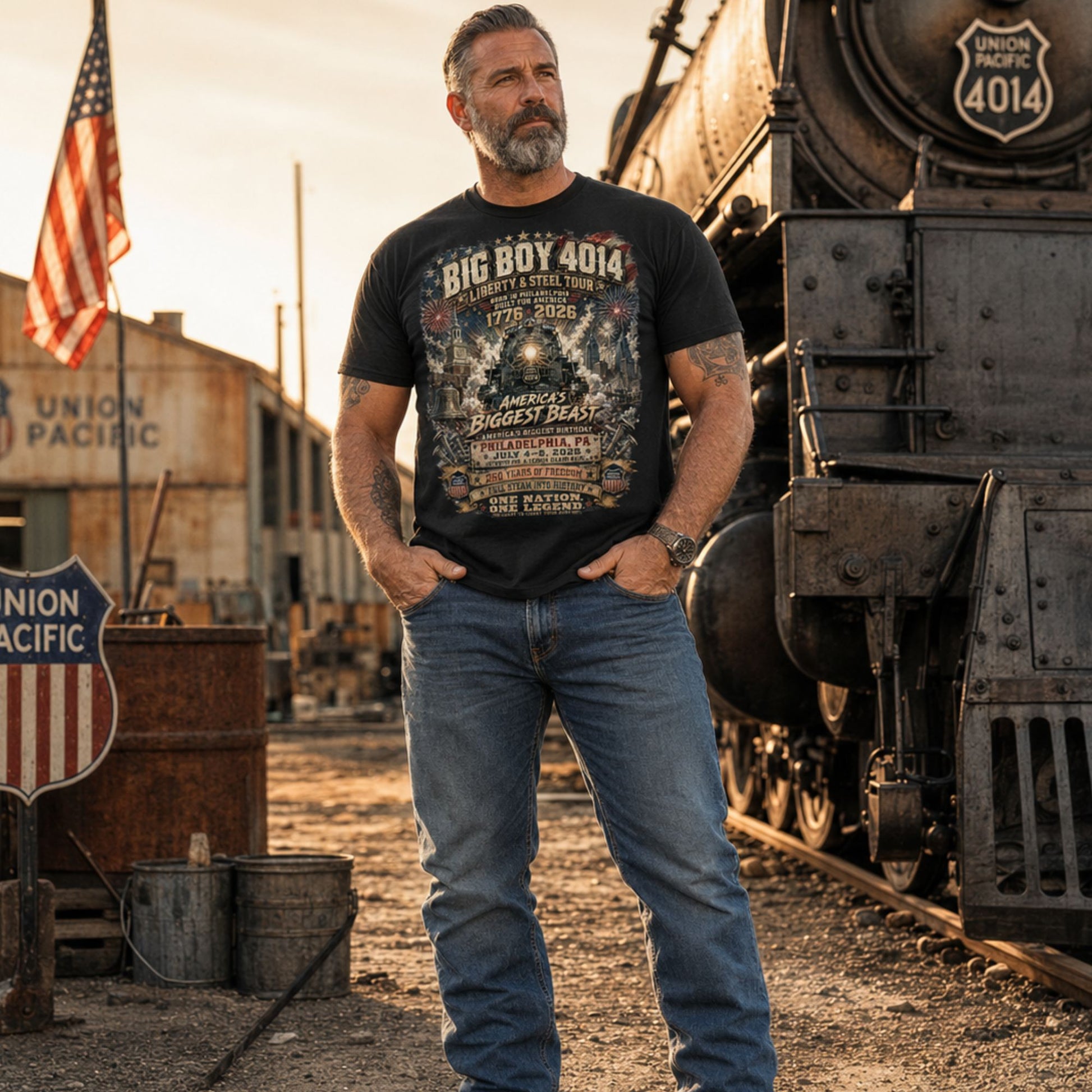 Man wearing a Black t-shirt featuring a highly detailed graphic of the Big Boy 4014 steam locomotive, Liberty Bell, Independence Hall, and Philadelphia skyline with fireworks. Text reads "BIG BOY 4014", "LIBERTY & STEEL TOUR", "BORN IN PHILADELPHIA BUILT FOR AMERICA", "1776 - 2026", "AMERICA'S BIGGEST BEAST", "AMERICA'S BIGGEST BIRTHDAY", "PHILADELPHIA, PA JULY 4-5, 2026", "250 YEARS OF FREEDOM", "FULL STEAM INTO HISTORY", and "ONE NATION. ONE LEGEND."