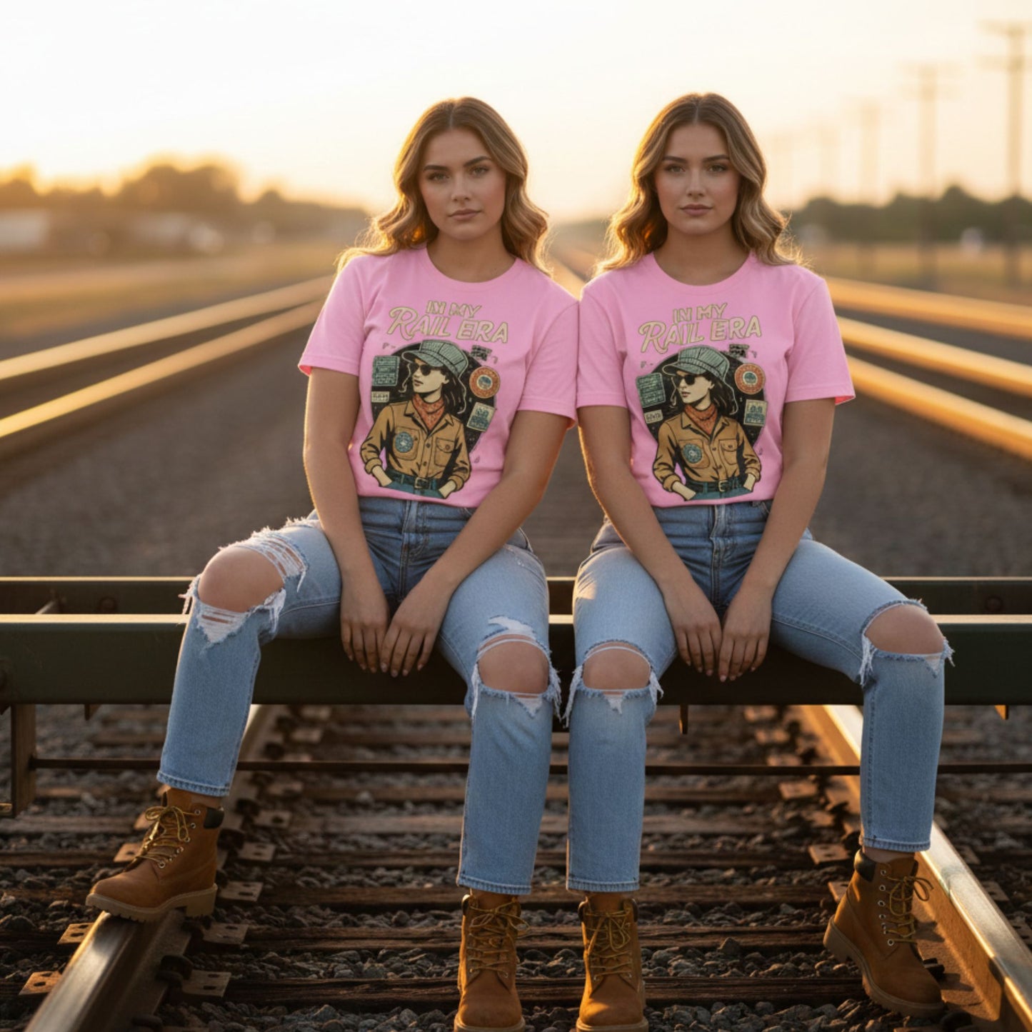 Two women sitting on train tracks wearing matching pink t-shirts with a graphic design.